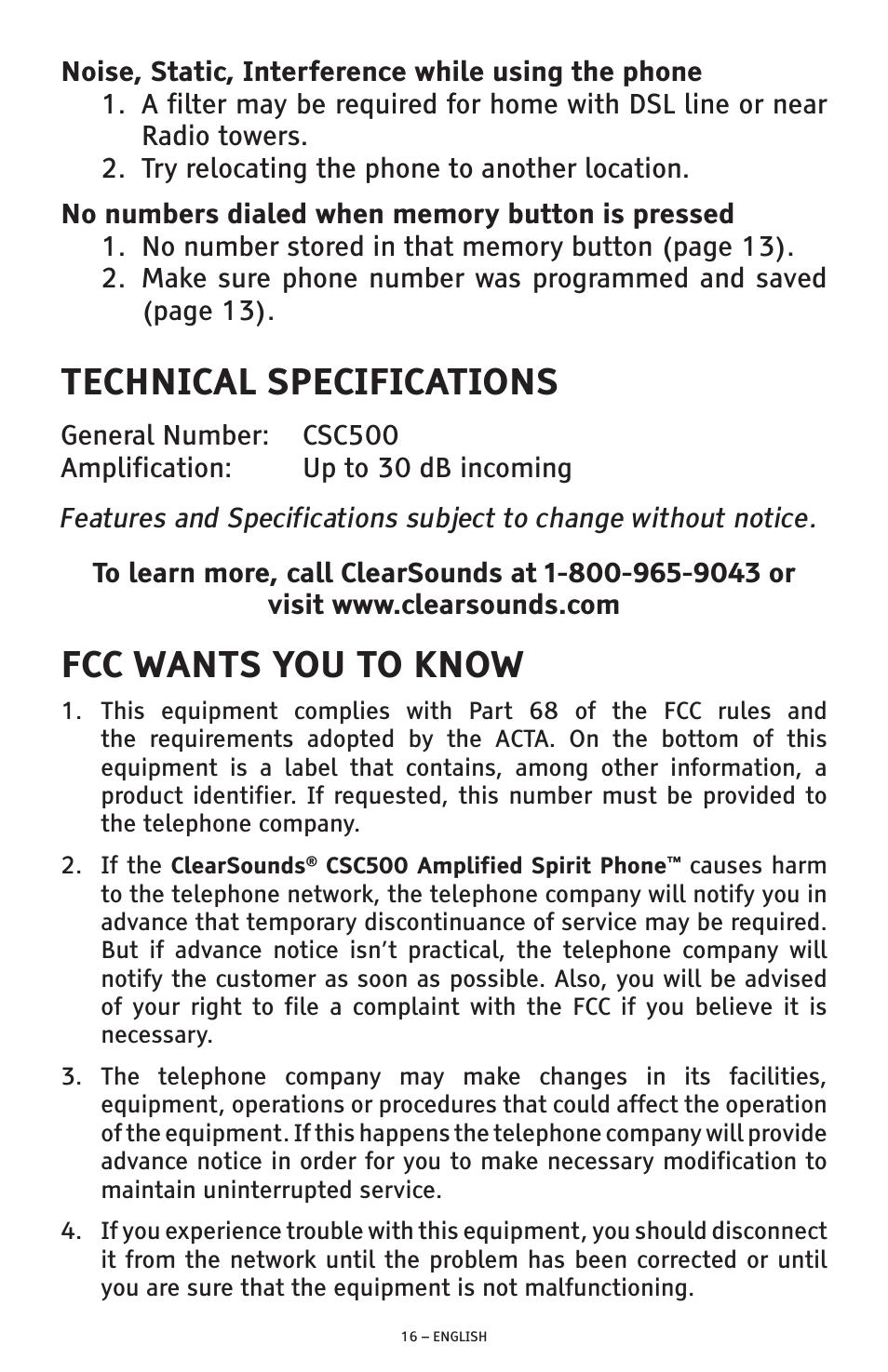 Technical specifications, Fcc wants you to know | ClearSounds CSC500 User Manual | Page 16 / 60