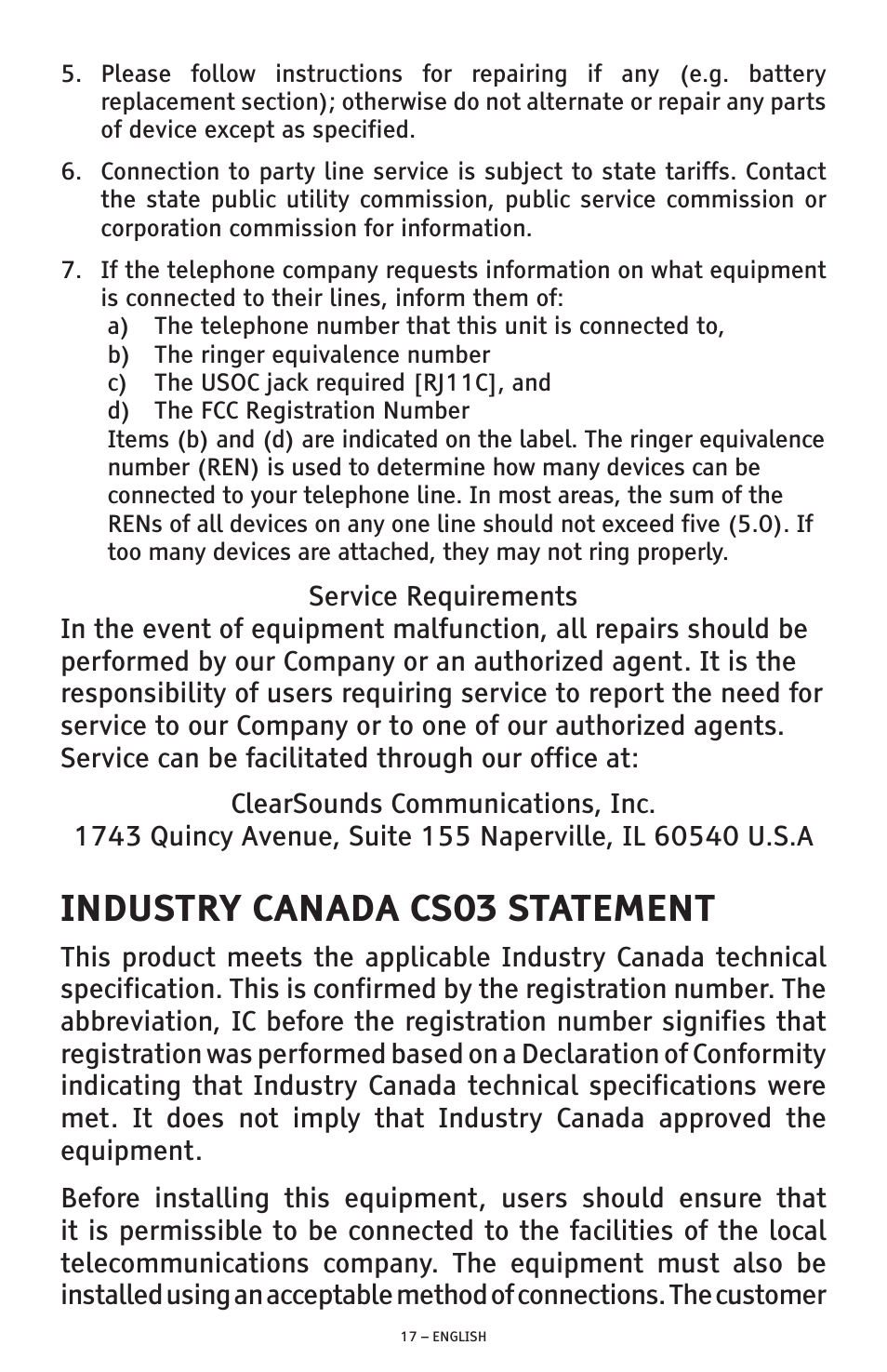 Industry canada cs03 statement | ClearSounds CSC500 User Manual | Page 17 / 60