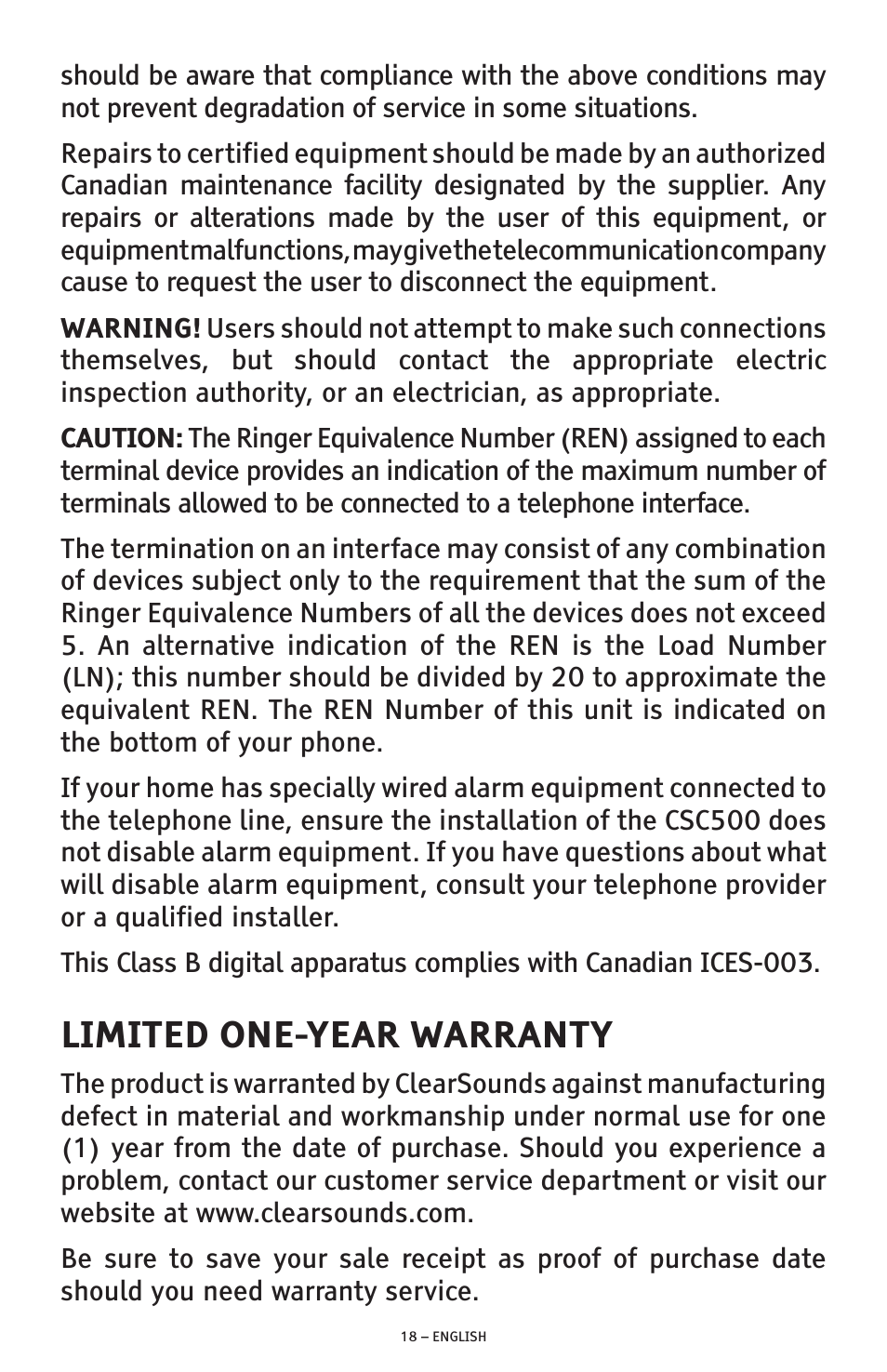 Limited one-year warranty | ClearSounds CSC500 User Manual | Page 18 / 60