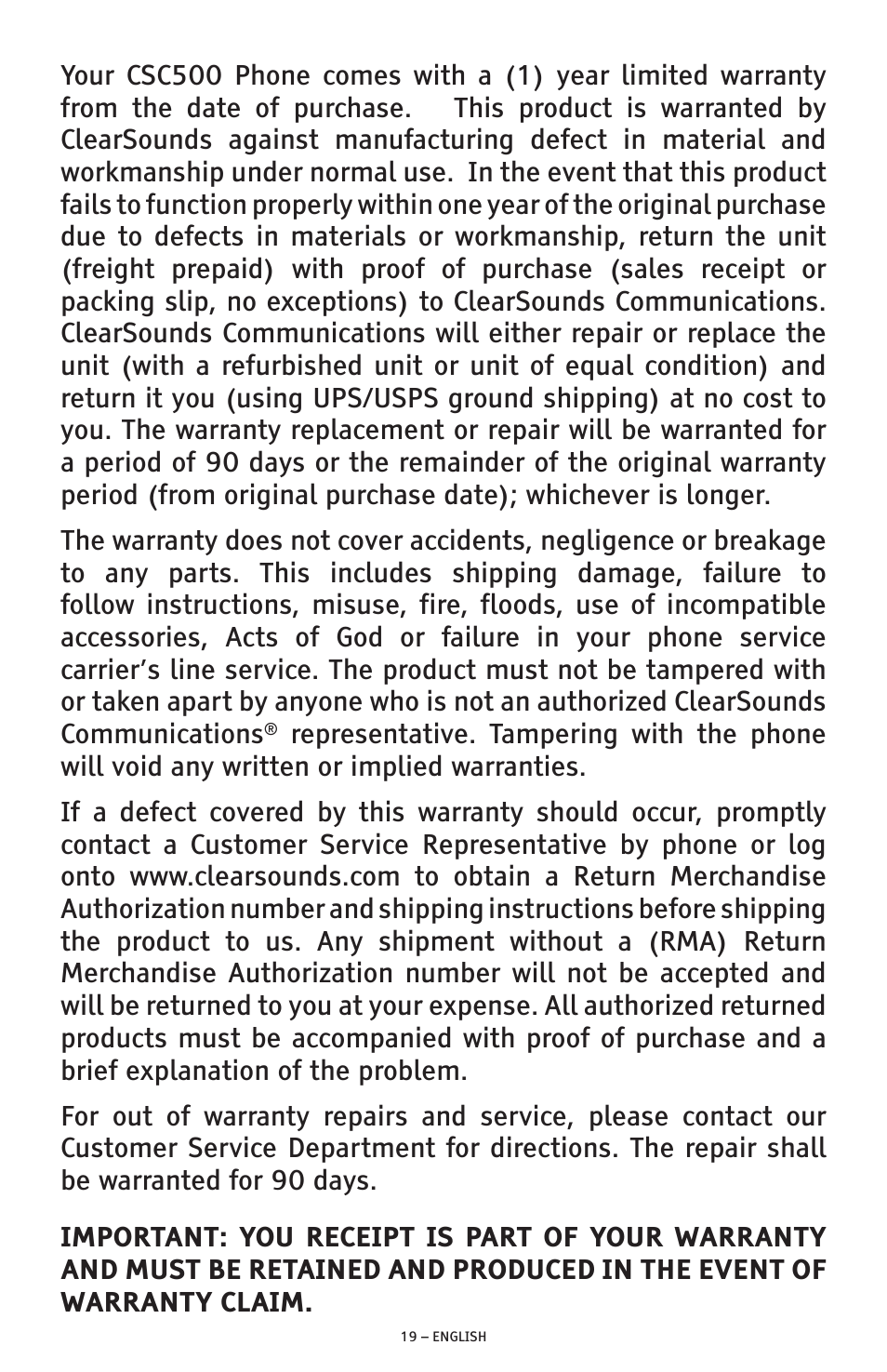 ClearSounds CSC500 User Manual | Page 19 / 60