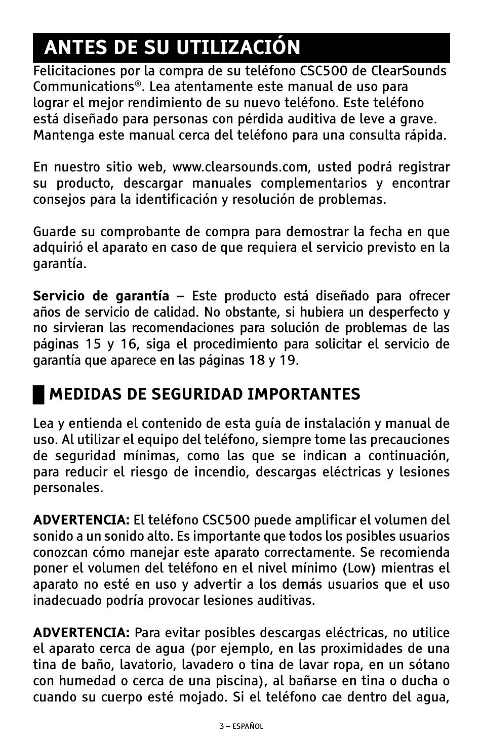 Antes de su utilización, Medidas de seguridad importantes | ClearSounds CSC500 User Manual | Page 23 / 60