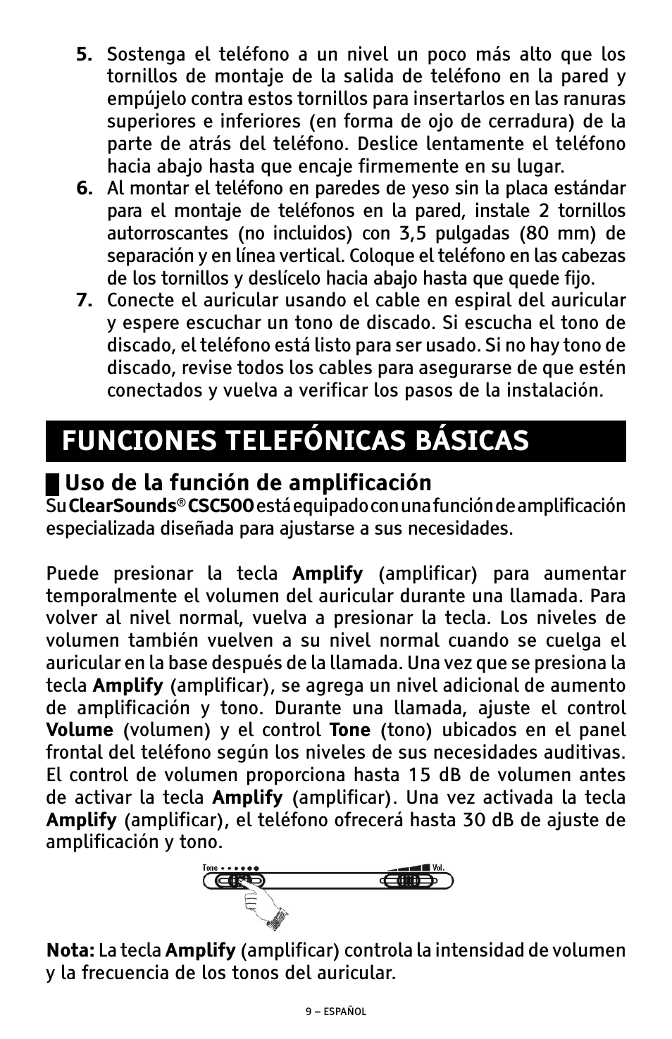 Funciones telefónicas básicas, Uso de la función de amplificación | ClearSounds CSC500 User Manual | Page 29 / 60