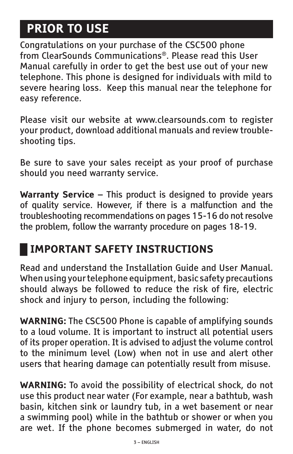 Prior to use, Important safety instructions | ClearSounds CSC500 User Manual | Page 3 / 60