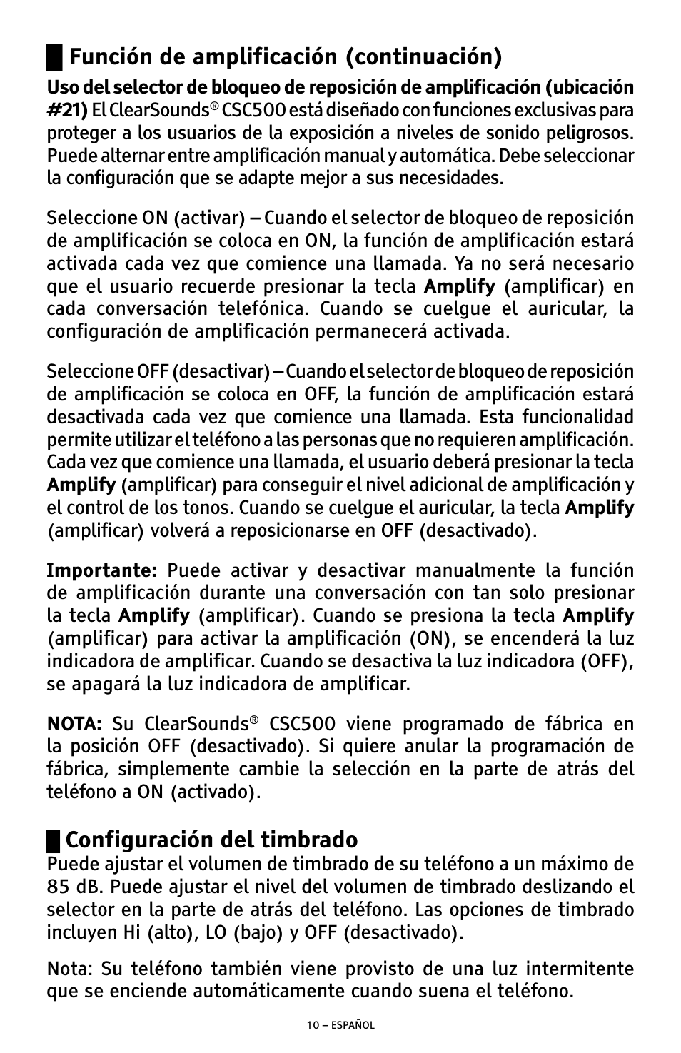 Configuración del timbrado, Función de amplificación (continuación) | ClearSounds CSC500 User Manual | Page 30 / 60