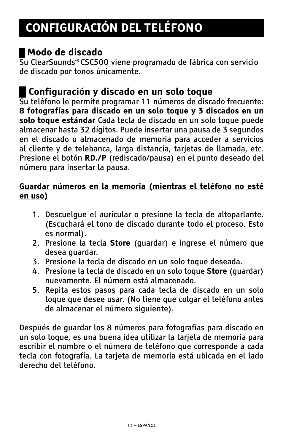 Configuración del teléfono, Modo de discado, Configuración y discado en un solo toque | ClearSounds CSC500 User Manual | Page 33 / 60