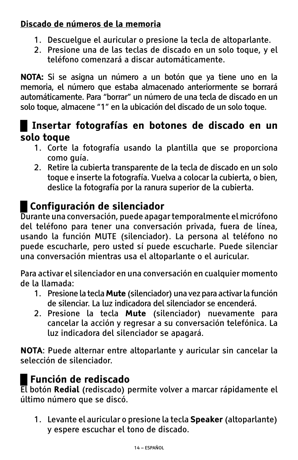 Configuración de silenciador, Función de rediscado | ClearSounds CSC500 User Manual | Page 34 / 60