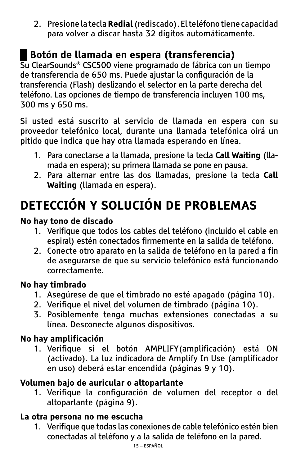 Detección y solución de problemas, Botón de llamada en espera (transferencia) | ClearSounds CSC500 User Manual | Page 35 / 60