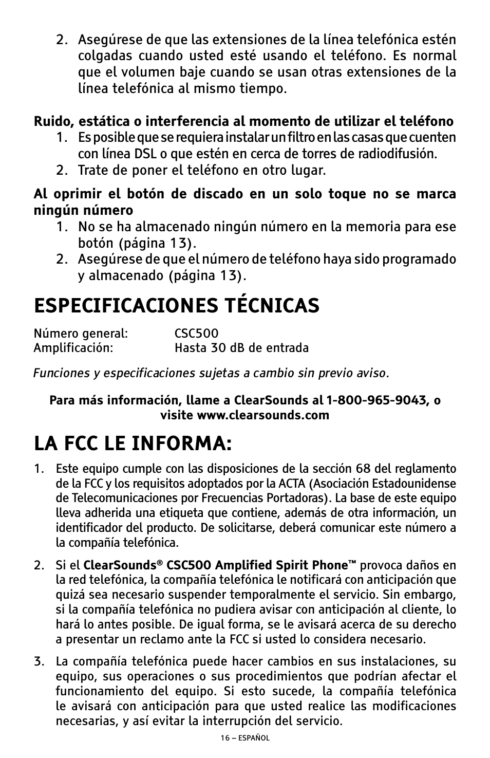 Especificaciones técnicas, La fcc le informa | ClearSounds CSC500 User Manual | Page 36 / 60