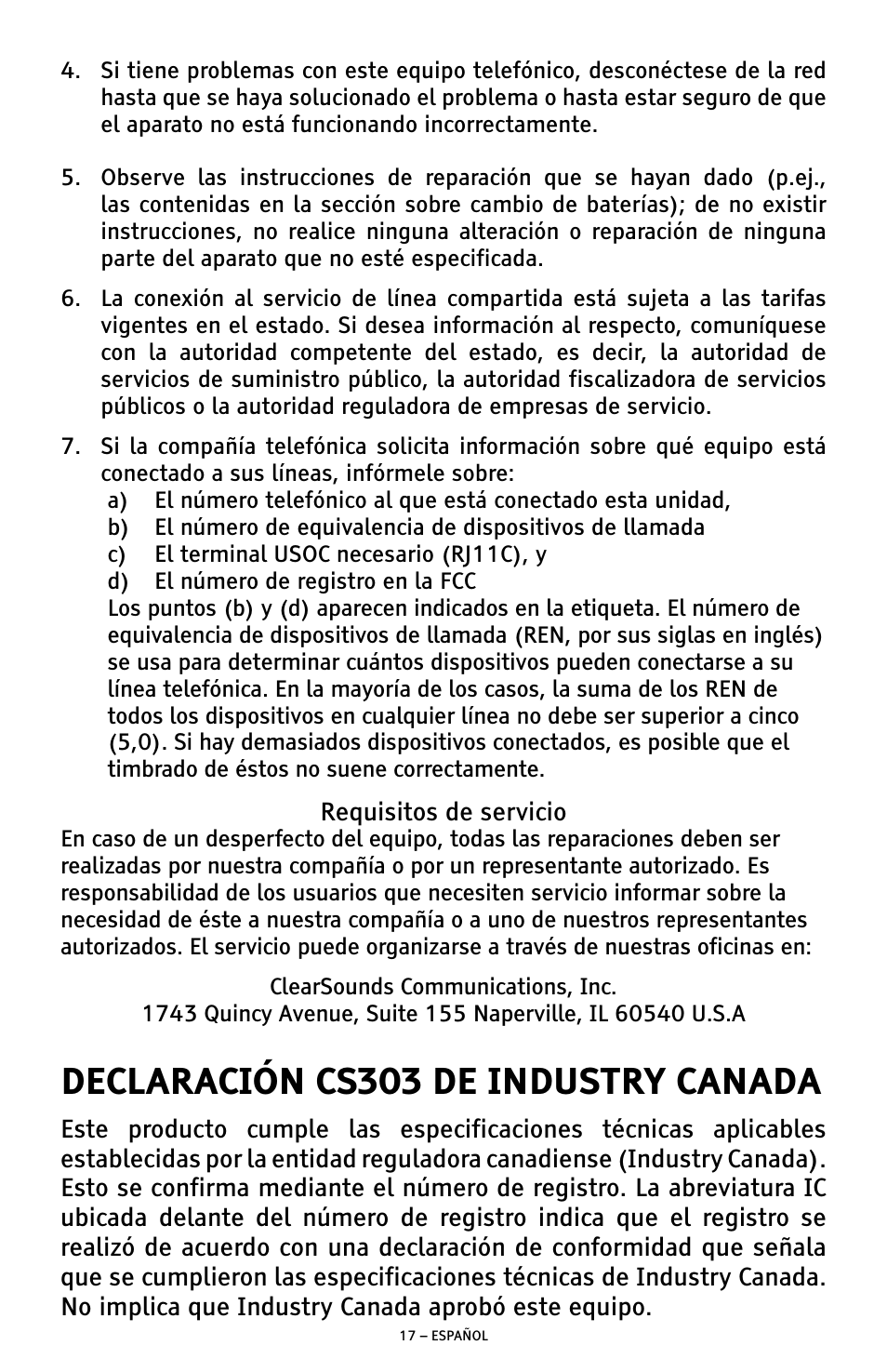 Declaración cs303 de industry canada | ClearSounds CSC500 User Manual | Page 37 / 60