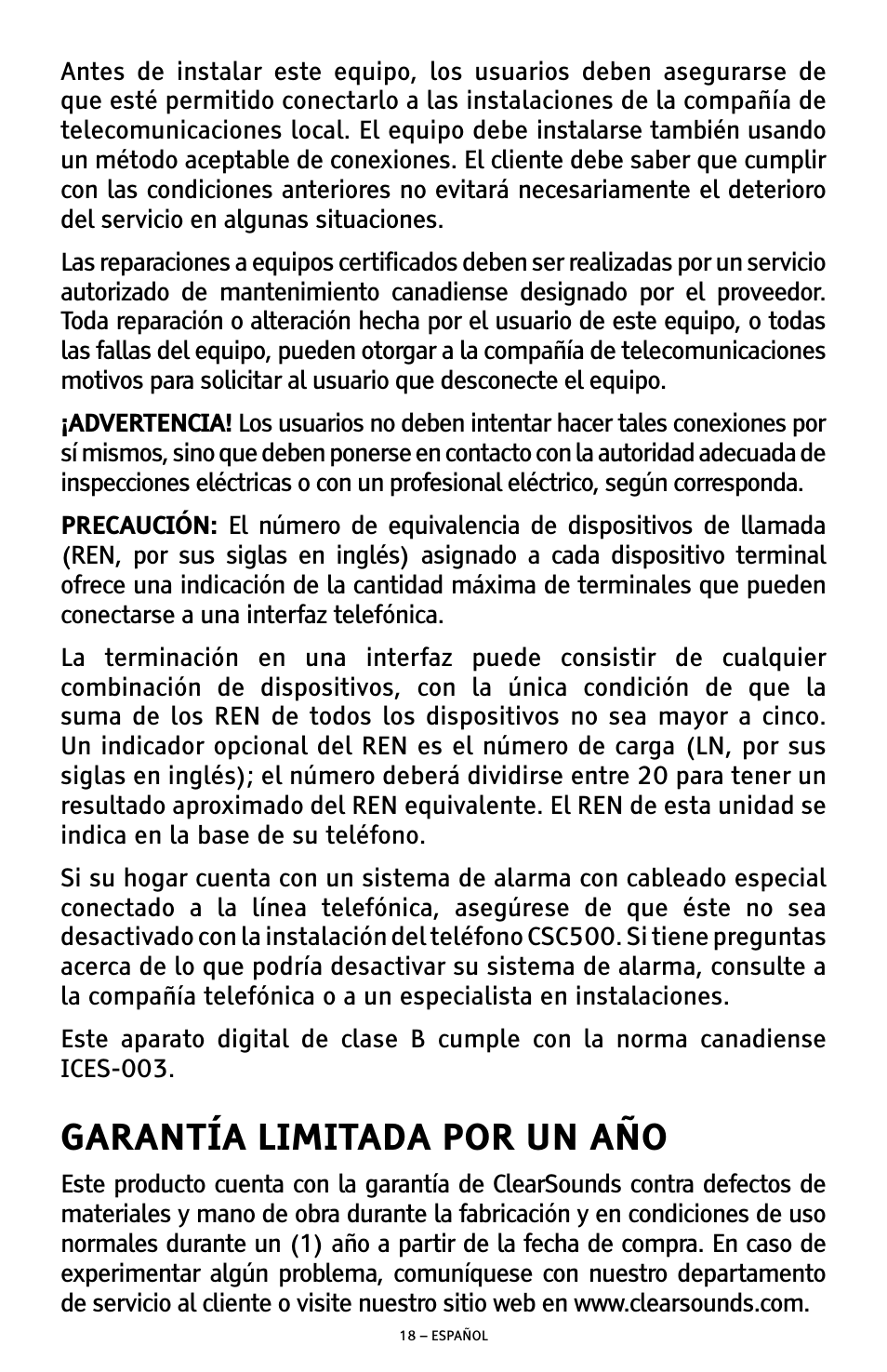 Garantía limitada por un año | ClearSounds CSC500 User Manual | Page 38 / 60