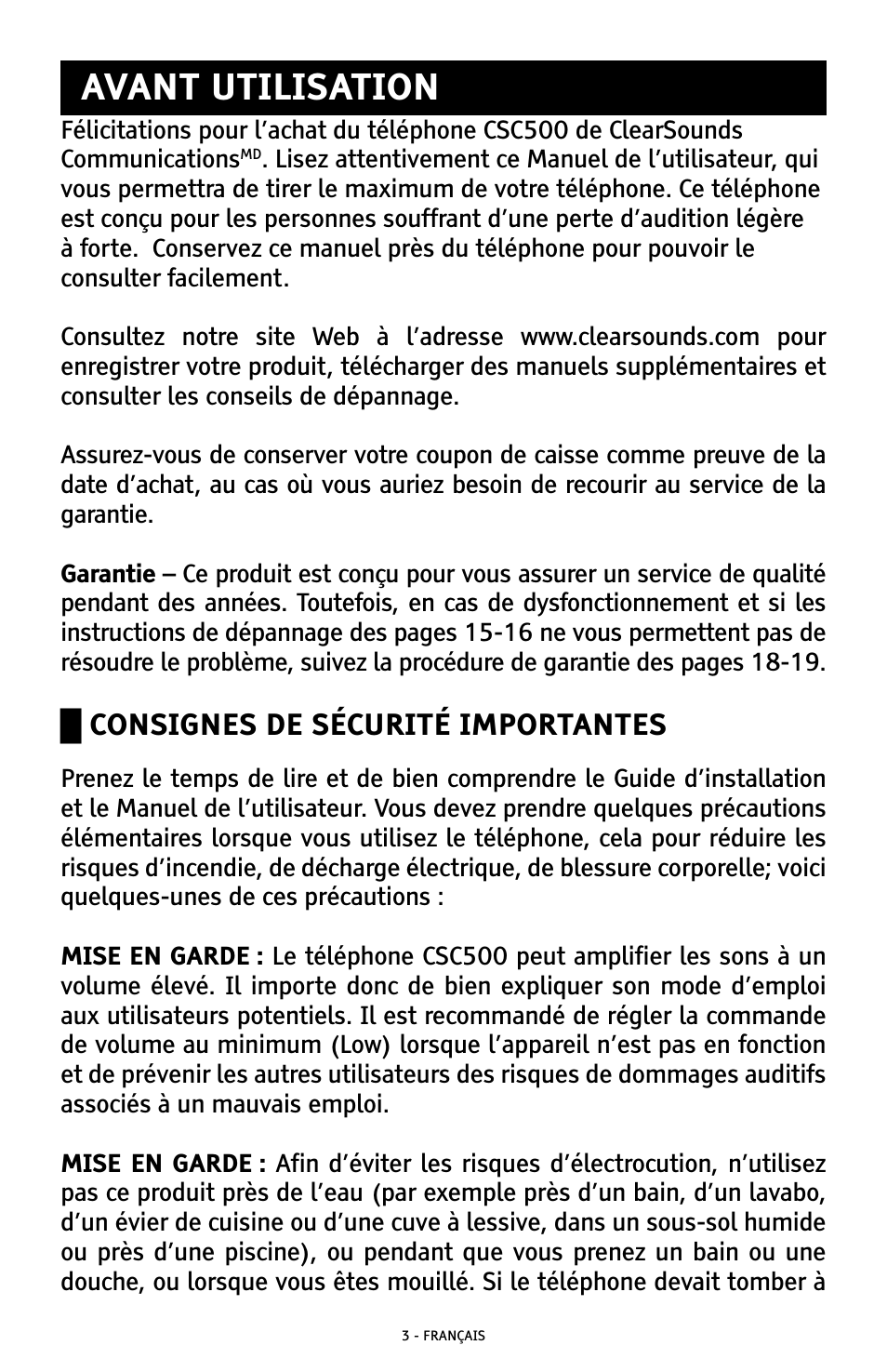 Avant utilisation, Consignes de sécurité importantes | ClearSounds CSC500 User Manual | Page 43 / 60