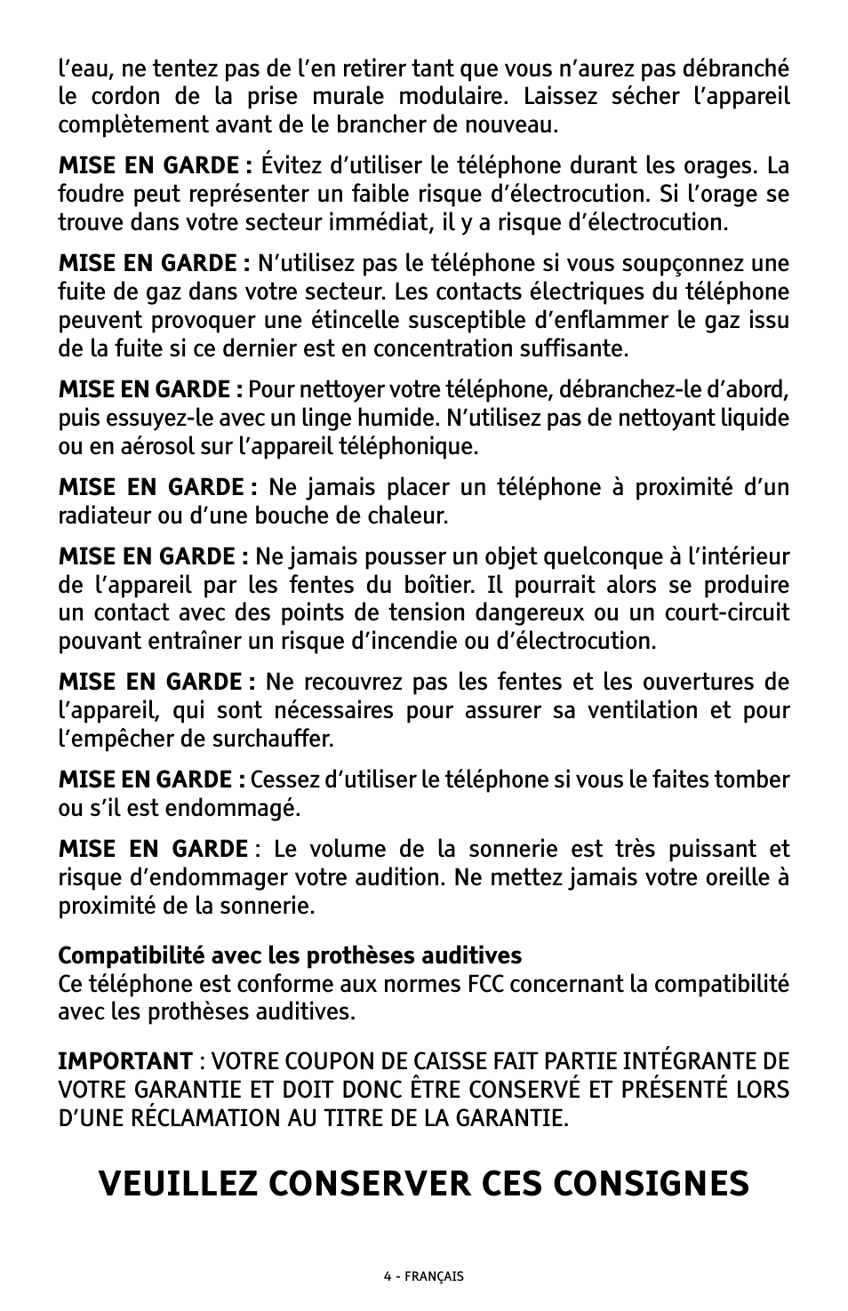 Veuillez conserver ces consignes | ClearSounds CSC500 User Manual | Page 44 / 60