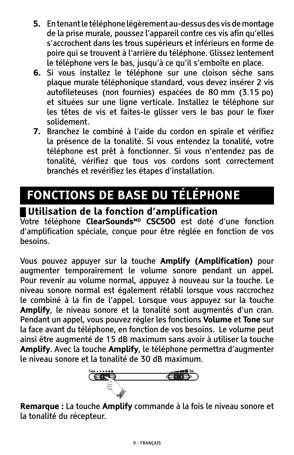 Fonctions de base du téléphone, Utilisation de la fonction d’amplification | ClearSounds CSC500 User Manual | Page 49 / 60