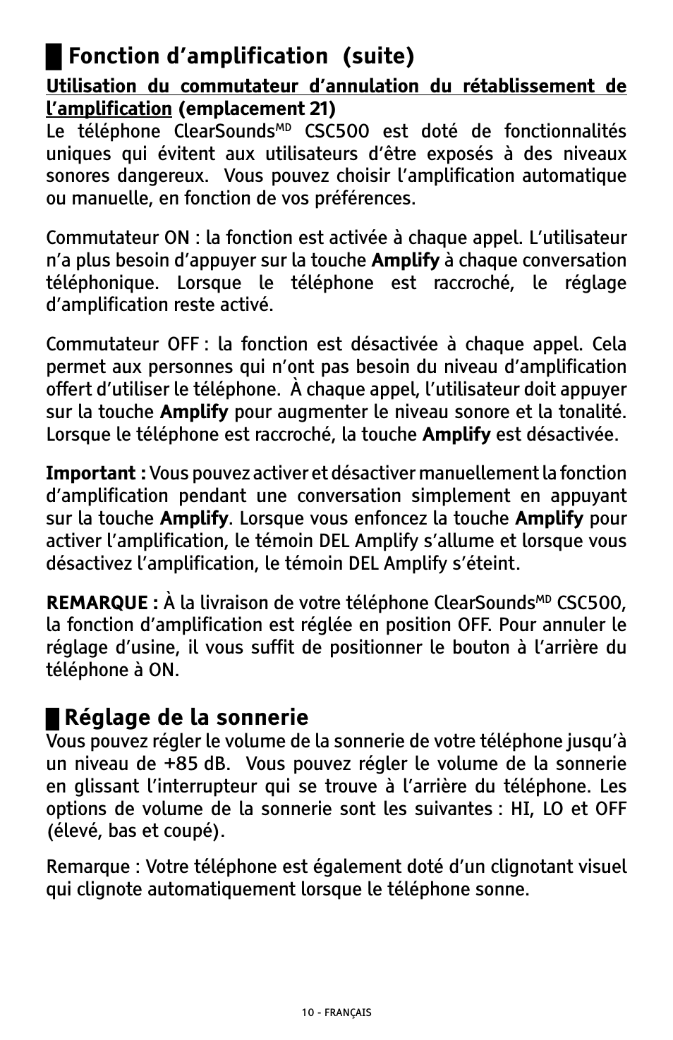 Réglage de la sonnerie, Fonction d’amplification (suite) | ClearSounds CSC500 User Manual | Page 50 / 60