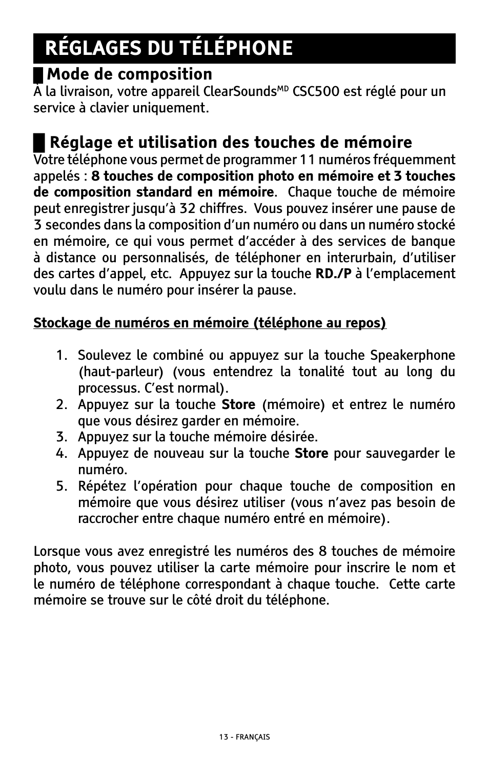 Réglages du téléphone, Mode de composition, Réglage et utilisation des touches de mémoire | ClearSounds CSC500 User Manual | Page 53 / 60