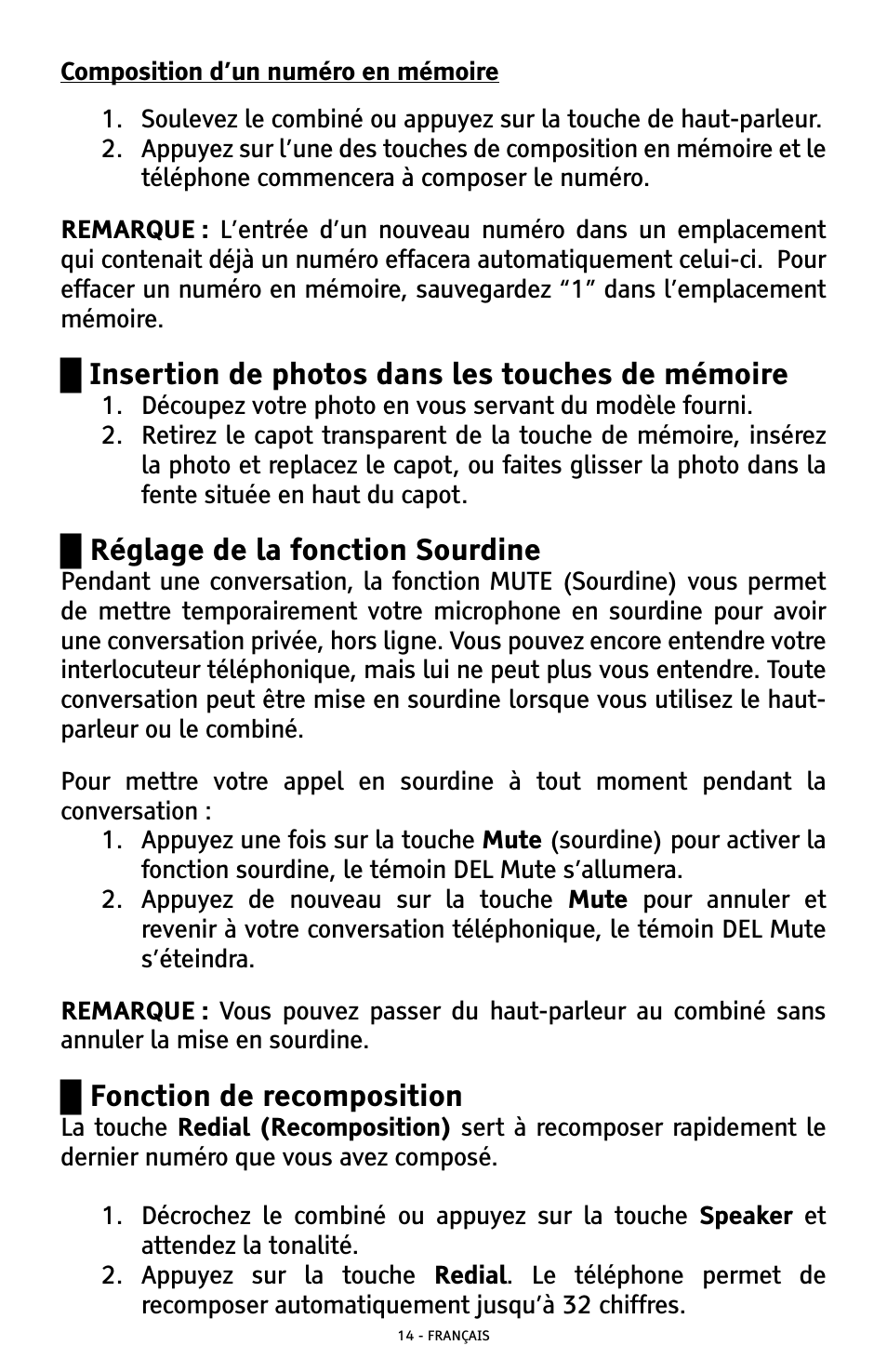 Insertion de photos dans les touches de mémoire, Réglage de la fonction sourdine, Fonction de recomposition | ClearSounds CSC500 User Manual | Page 54 / 60