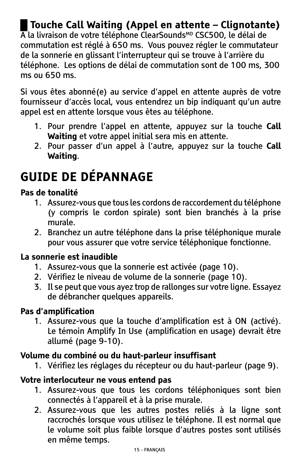 Guide de dépannage | ClearSounds CSC500 User Manual | Page 55 / 60