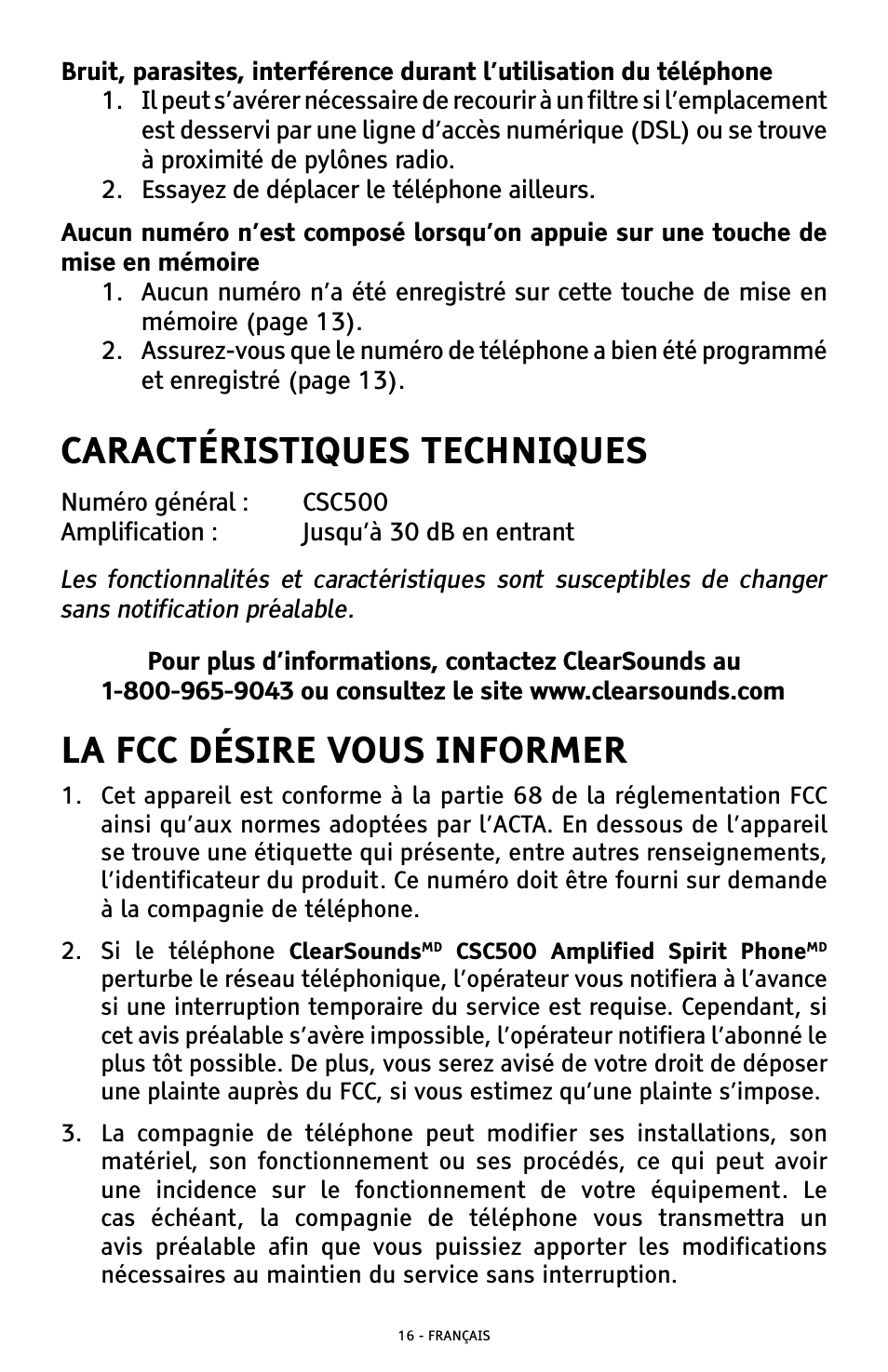 Caractéristiques techniques, La fcc désire vous informer | ClearSounds CSC500 User Manual | Page 56 / 60