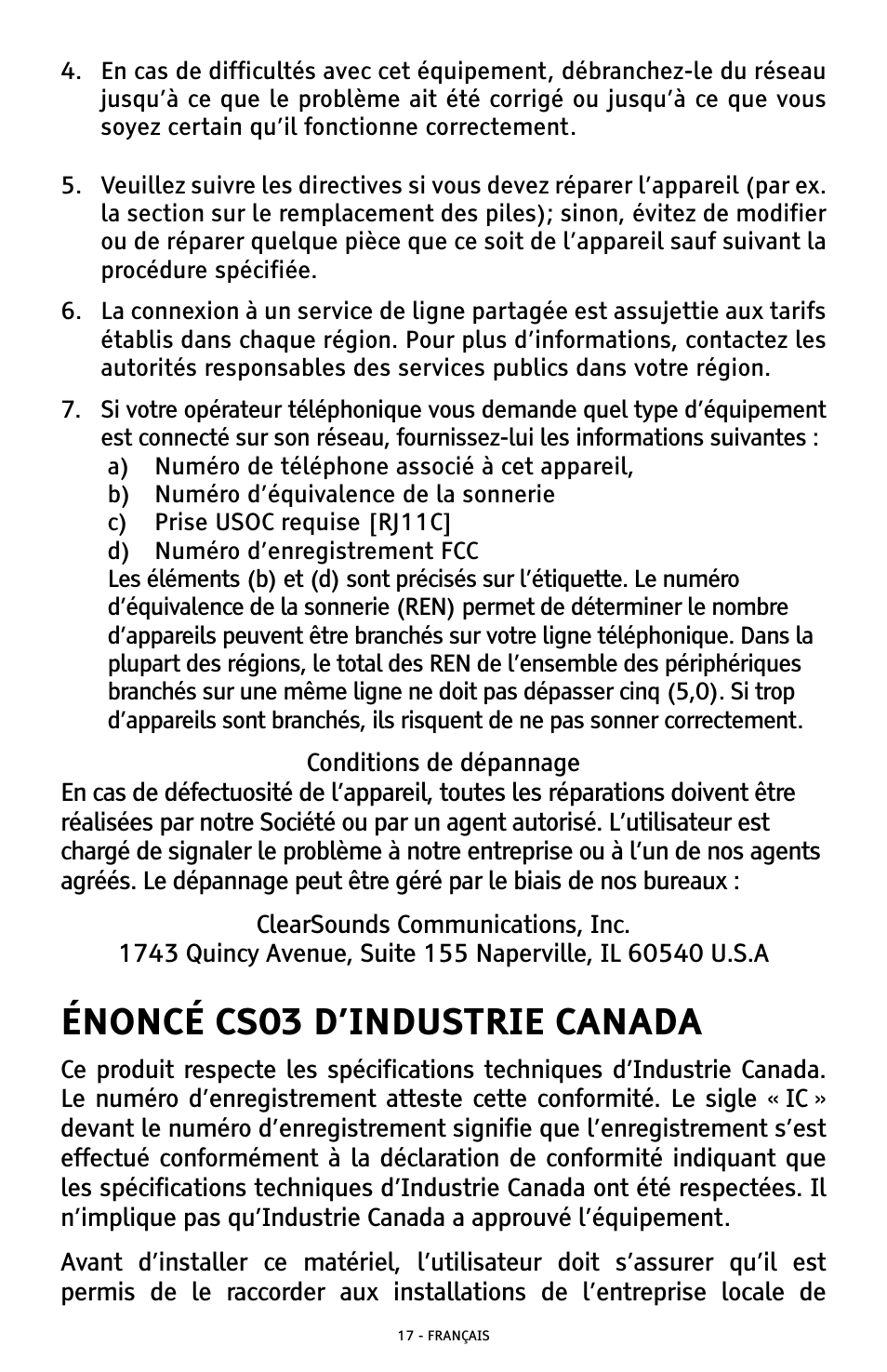 Énoncé cs03 d’industrie canada | ClearSounds CSC500 User Manual | Page 57 / 60