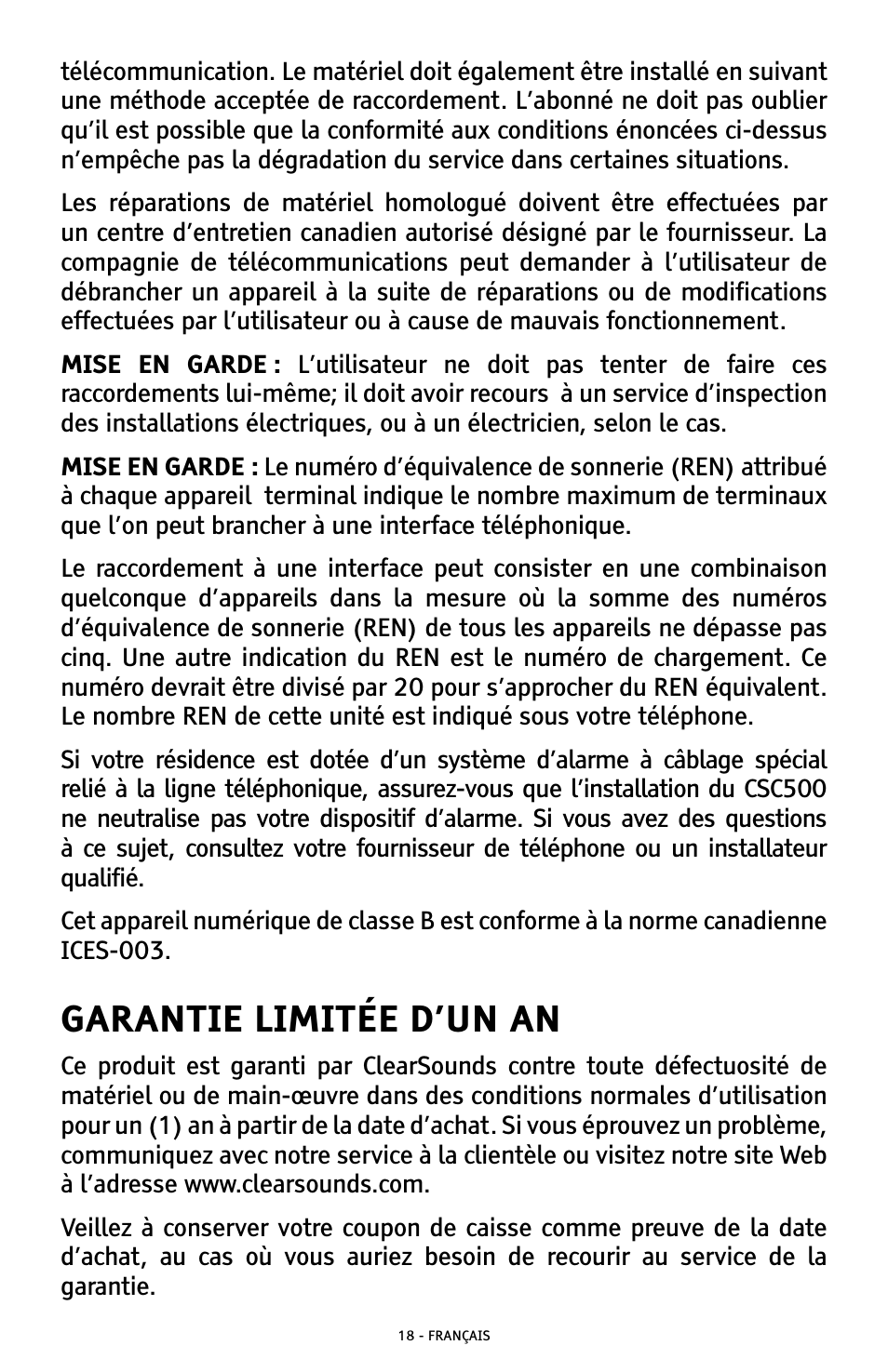 Garantie limitée d’un an | ClearSounds CSC500 User Manual | Page 58 / 60