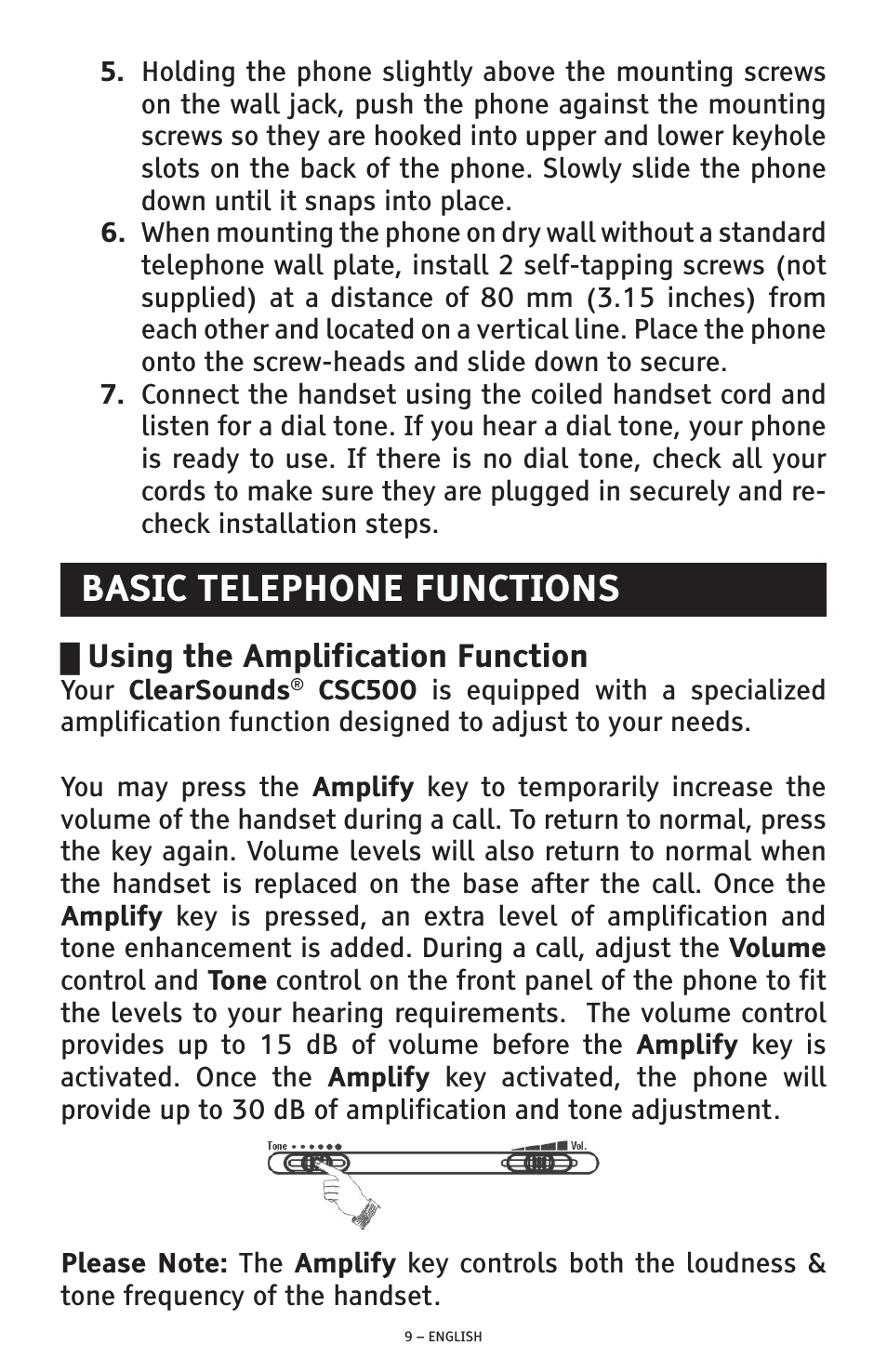 Basic telephone functions, Using the amplification function | ClearSounds CSC500 User Manual | Page 9 / 60