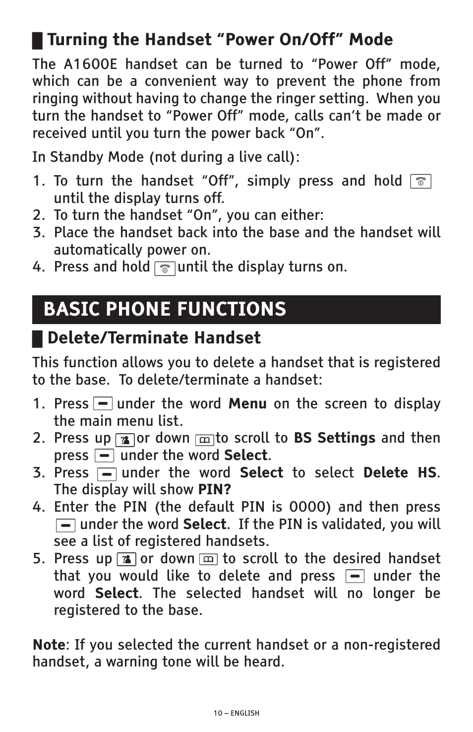 Basic phone functions, Turning the handset “power on/off” mode, Delete/terminate handset | ClearSounds A1600E User Manual | Page 10 / 19