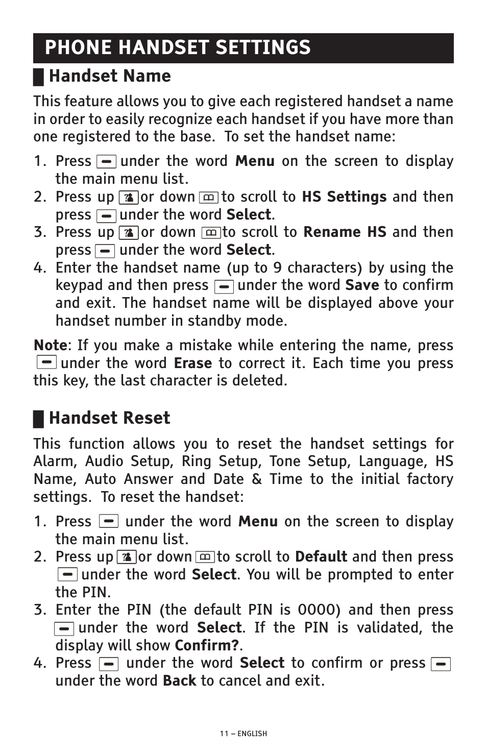 Phone handset settings, Handset name, Handset reset | ClearSounds A1600E User Manual | Page 11 / 19