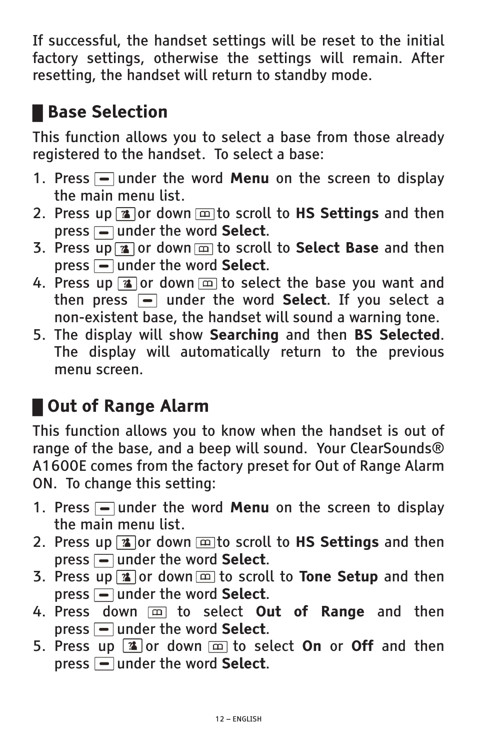 Base selection, Out of range alarm | ClearSounds A1600E User Manual | Page 12 / 19