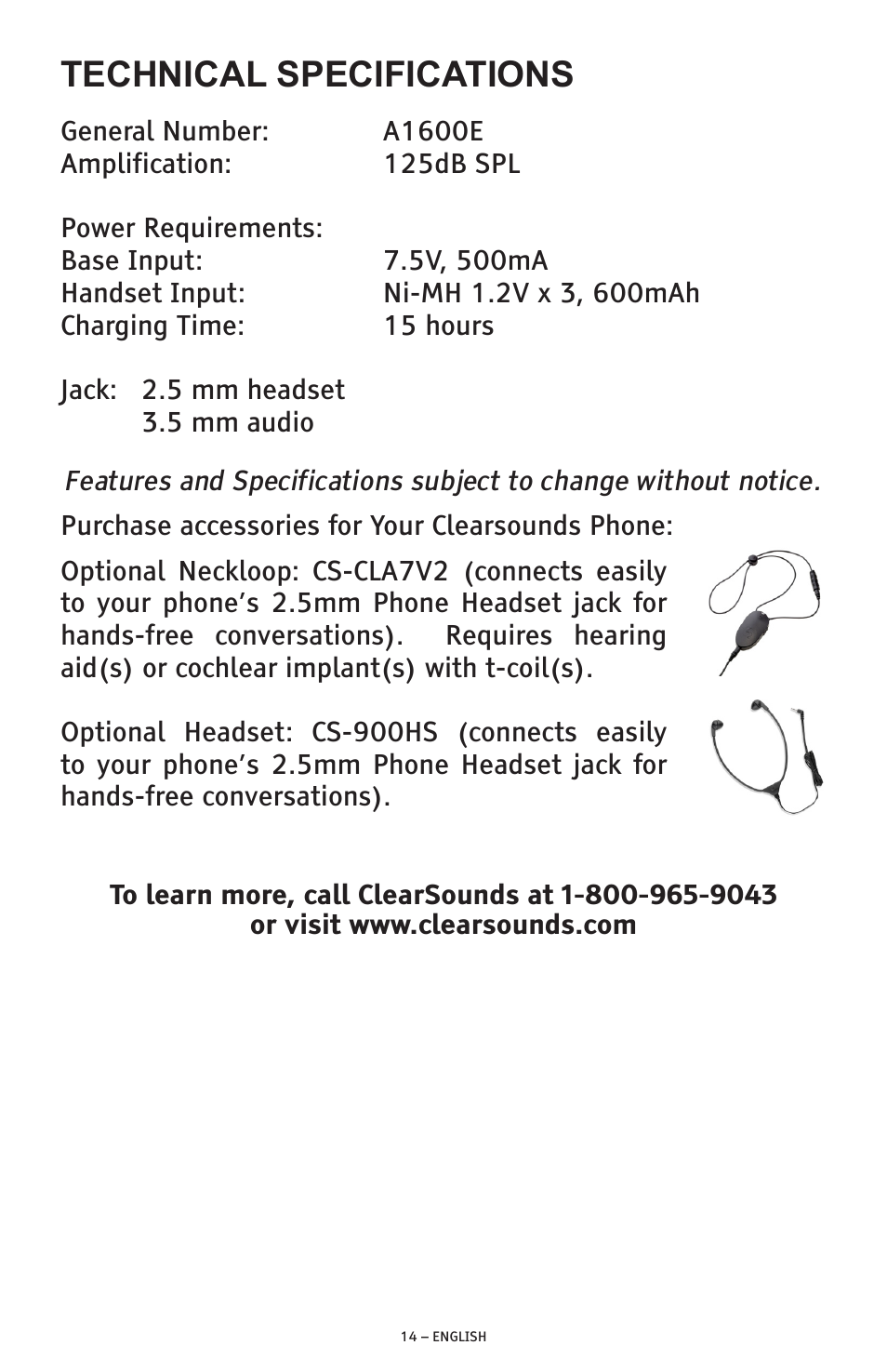 Technical specifications | ClearSounds A1600E User Manual | Page 14 / 19