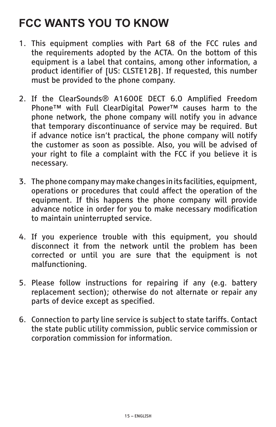 Fcc wants you to know | ClearSounds A1600E User Manual | Page 15 / 19