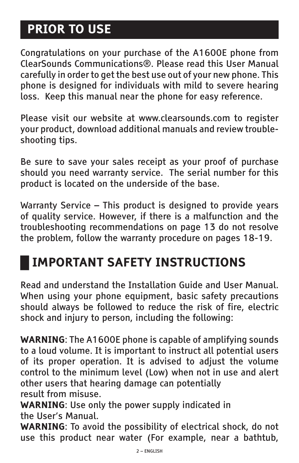 Prior to use, Important safety instructions | ClearSounds A1600E User Manual | Page 2 / 19