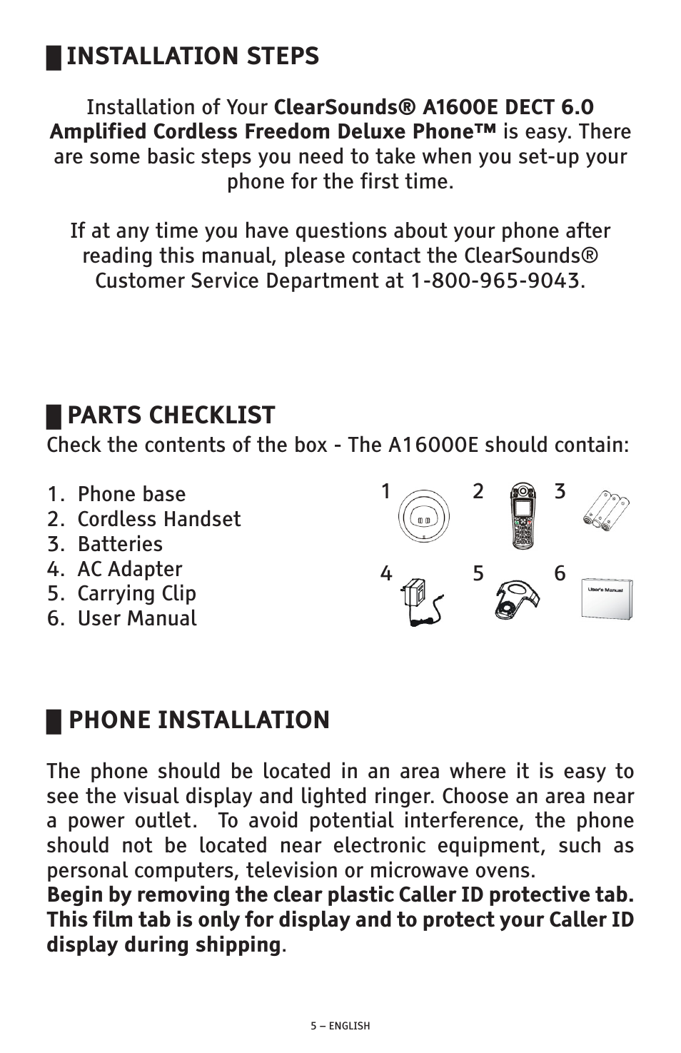 Installation steps, Parts checklist, Phone installation | ClearSounds A1600E User Manual | Page 5 / 19