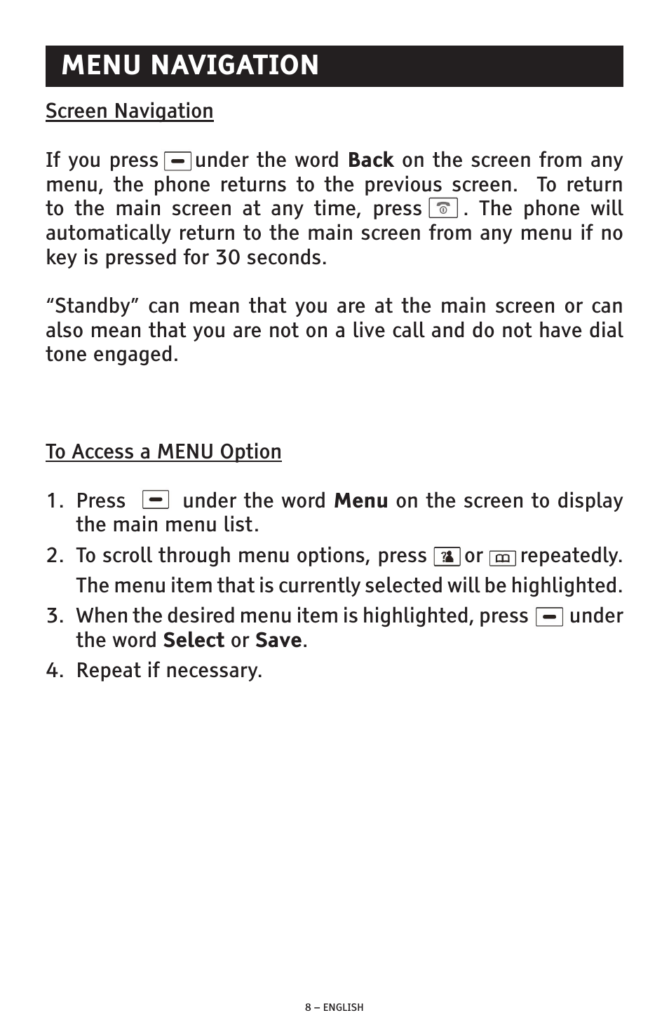 Menu navigation | ClearSounds A1600E User Manual | Page 8 / 19