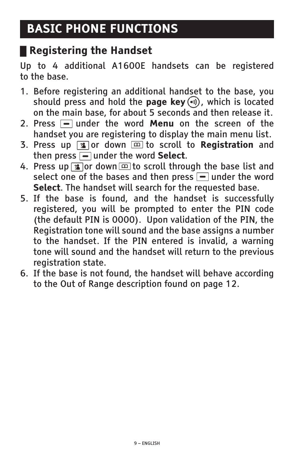 Basic phone functions, Registering the handset | ClearSounds A1600E User Manual | Page 9 / 19