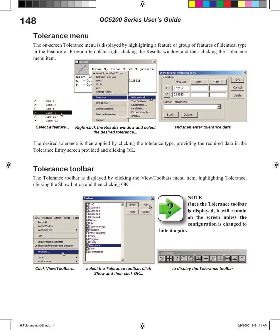 Tolerance menu, Tolerance toolbar, Qc5200 series user’s guide | HEIDENHAIN IK 5294 User Manual | Page 168 / 341