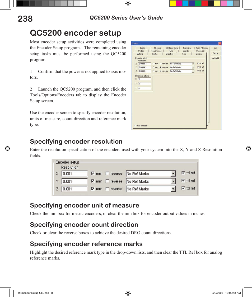 Qc5200 encoder setup, Specifying encoder resolution, Specifying encoder unit of measure | Specifying encoder count direction, Specifying encoder reference marks | HEIDENHAIN IK 5294 User Manual | Page 258 / 341