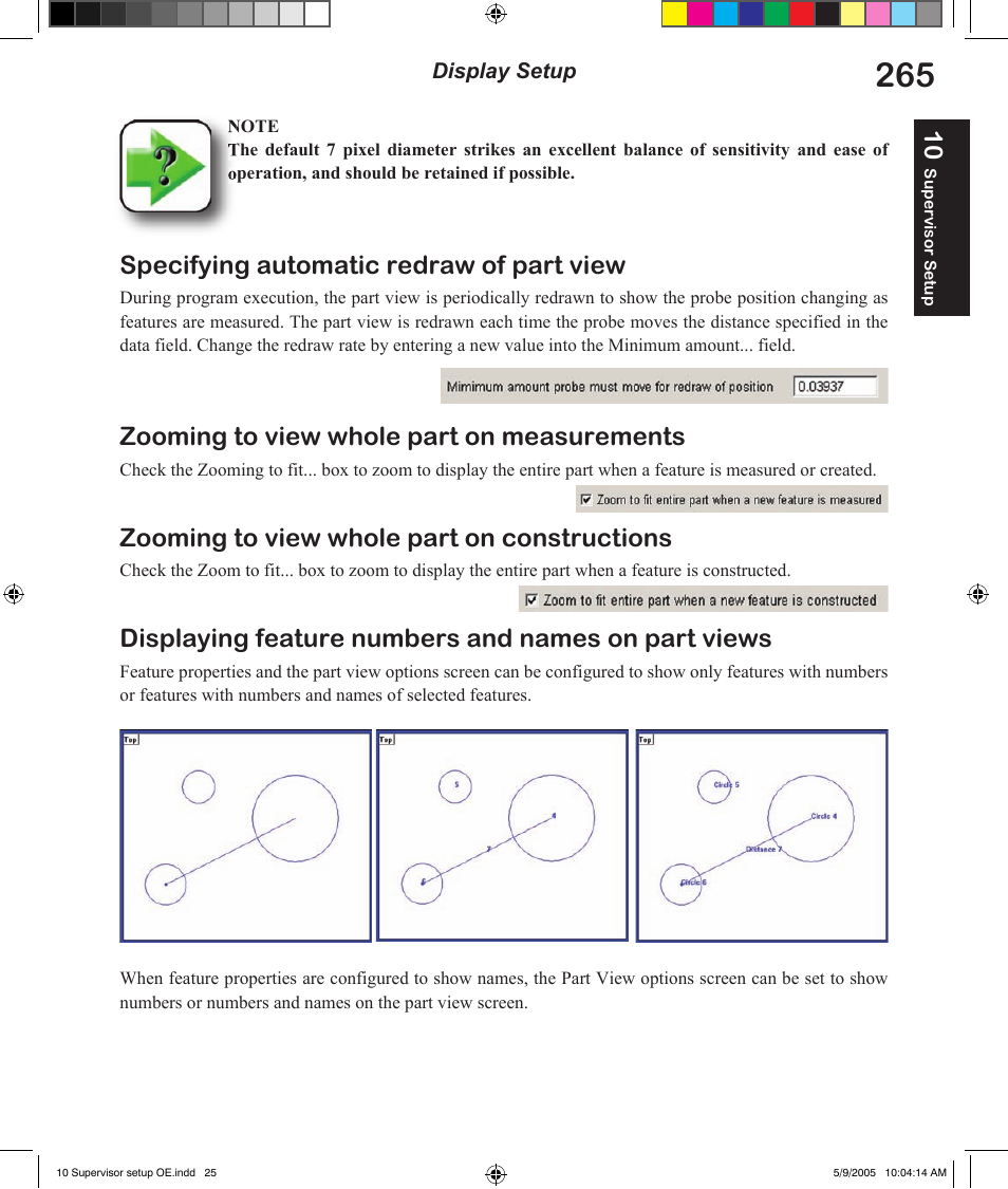 Specifying automatic redraw of part view, Zooming to view whole part on measurements, Zooming to view whole part on constructions | Displaying feature numbers and names on part views | HEIDENHAIN IK 5294 User Manual | Page 285 / 341