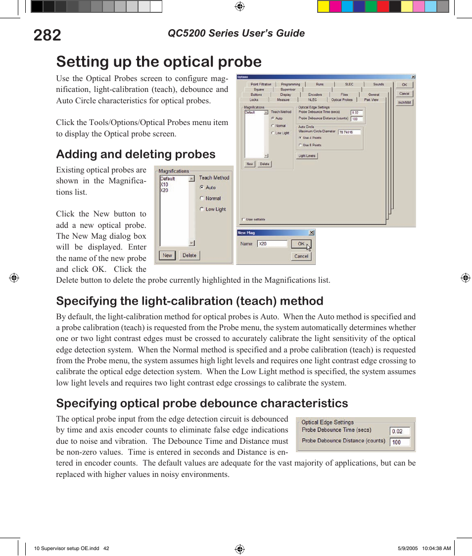 Setting up the optical probe, Adding and deleting probes, Specifying the light-calibration (teach) method | Specifying optical probe debounce characteristics | HEIDENHAIN IK 5294 User Manual | Page 302 / 341