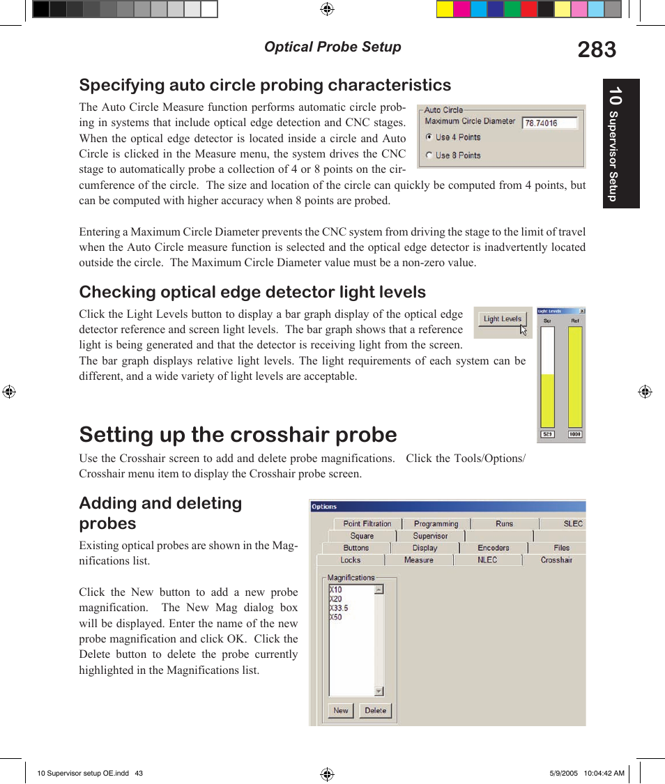 Setting up the crosshair probe, Specifying auto circle probing characteristics, Checking optical edge detector light levels | Adding and deleting probes | HEIDENHAIN IK 5294 User Manual | Page 303 / 341