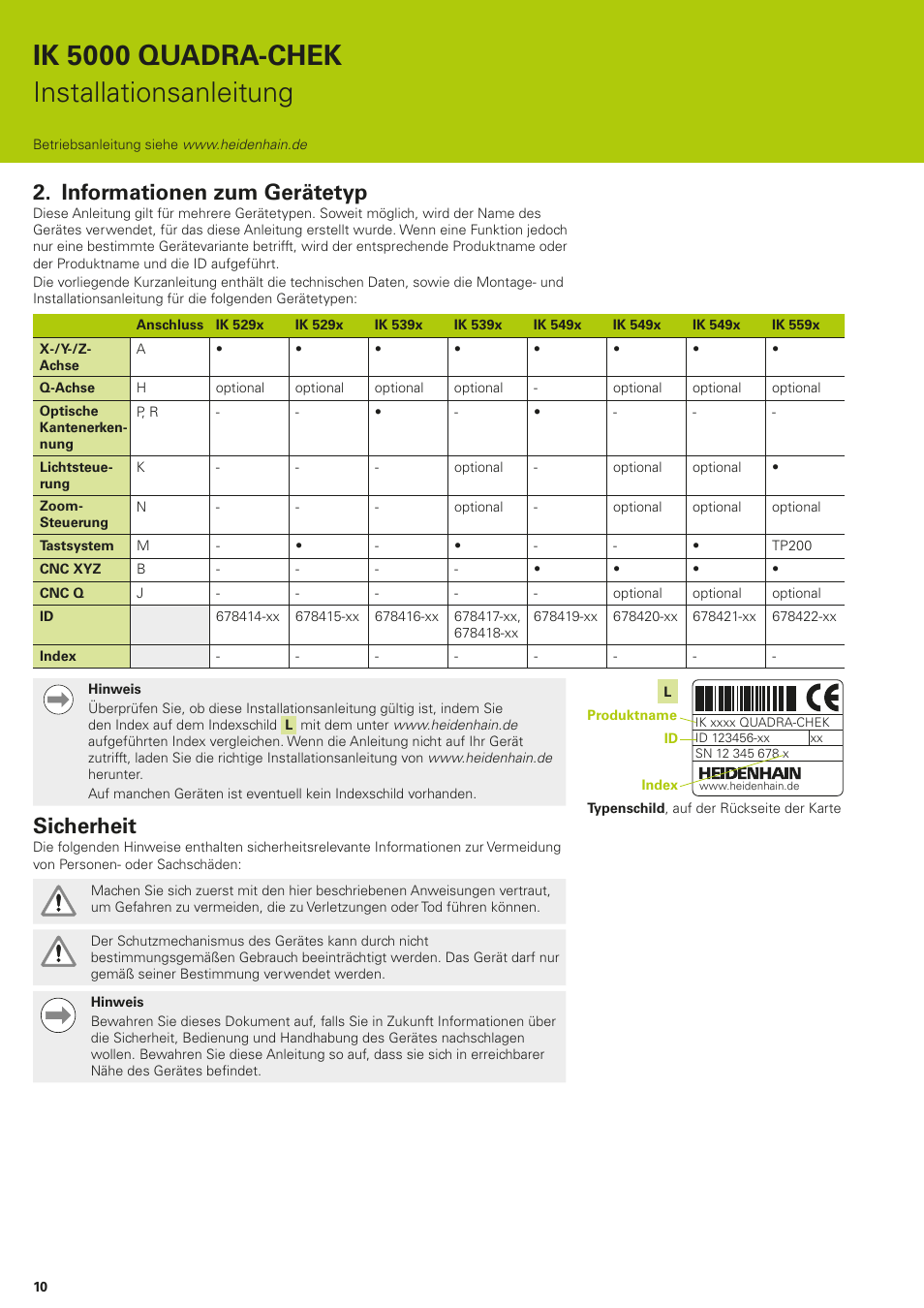 Model information, Ik 5000 quadra-chek installationsanleitung, Informationen zum gerätetyp | Sicherheit | HEIDENHAIN IK 5294 Installation User Manual | Page 10 / 98