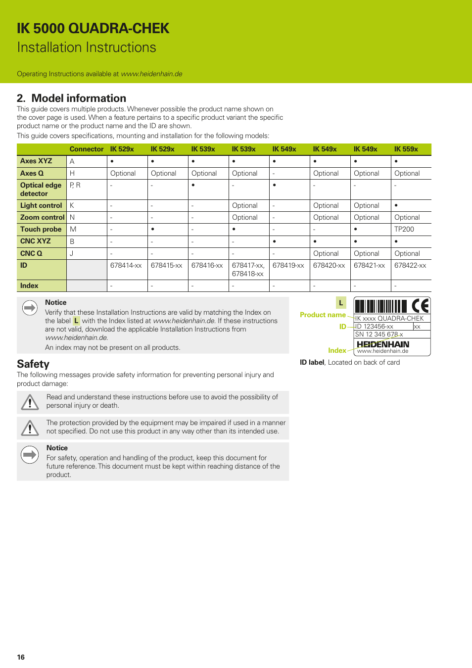 Model information, Ik 5000 quadra-chek installation instructions, Safety | HEIDENHAIN IK 5294 Installation User Manual | Page 16 / 98