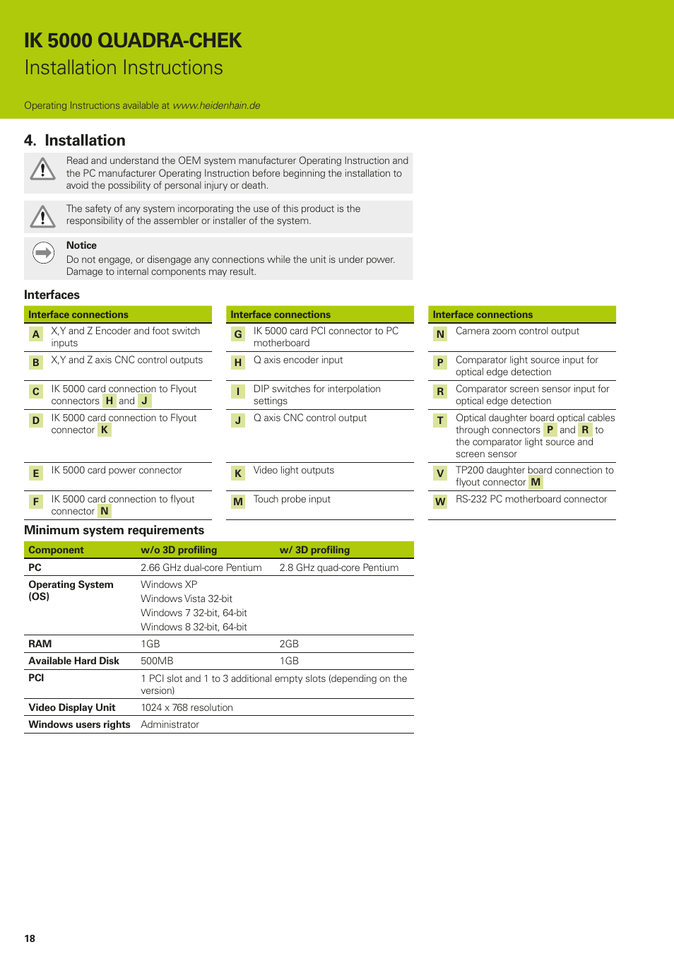 Installation, Ik 5000 quadra-chek installation instructions | HEIDENHAIN IK 5294 Installation User Manual | Page 18 / 98