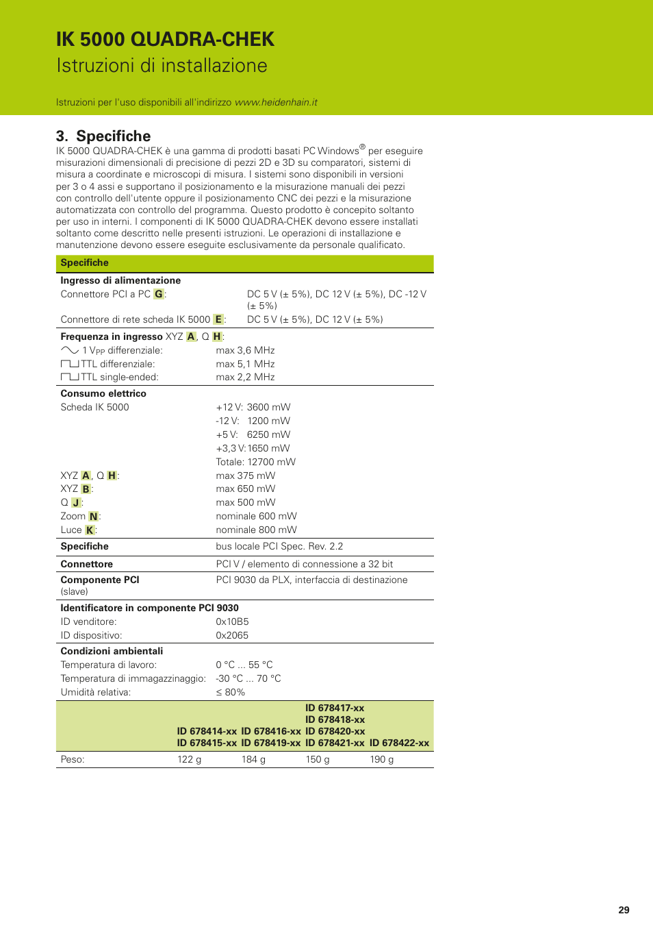 Specifiche, Ik 5000 quadra-chek istruzioni di installazione | HEIDENHAIN IK 5294 Installation User Manual | Page 29 / 98