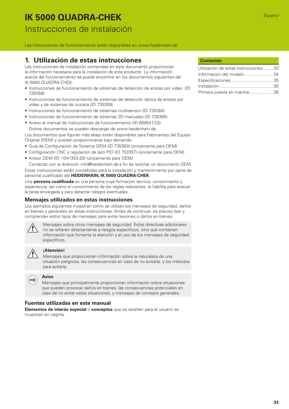 Español, Utilización de estas instrucciones, Ik 5000 quadra-chek instrucciones de instalación | HEIDENHAIN IK 5294 Installation User Manual | Page 33 / 98