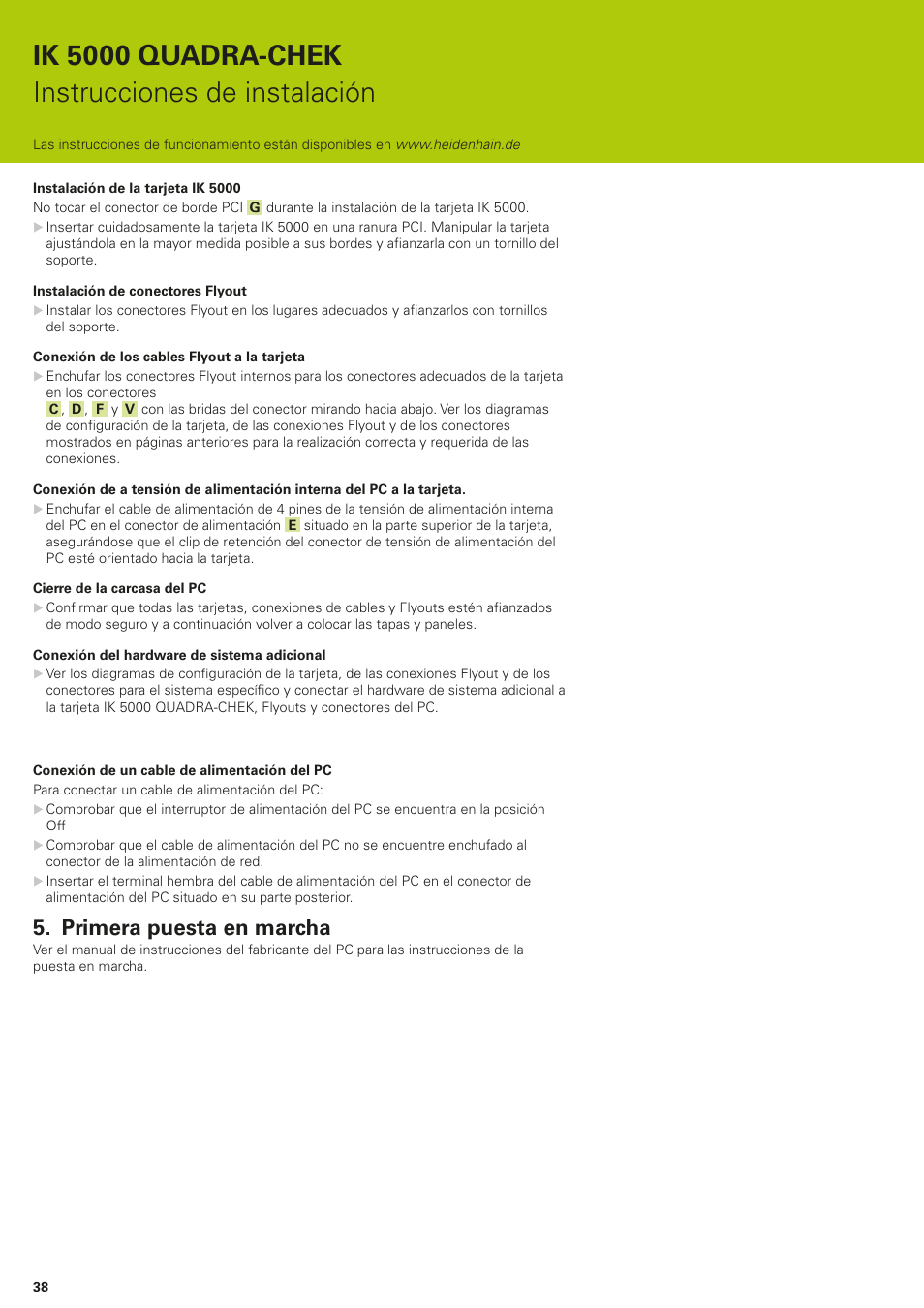 Primera puesta en marcha, Ik 5000 quadra-chek instrucciones de instalación | HEIDENHAIN IK 5294 Installation User Manual | Page 38 / 98