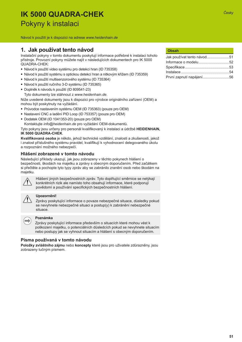 Česky, Jak používat tento návod, Ik 5000 quadra-chek pokyny k instalaci | HEIDENHAIN IK 5294 Installation User Manual | Page 51 / 98