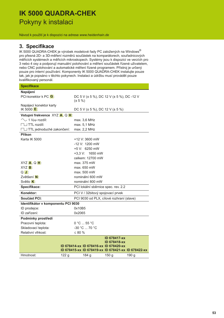 Specifikace, Ik 5000 quadra-chek pokyny k instalaci | HEIDENHAIN IK 5294 Installation User Manual | Page 53 / 98