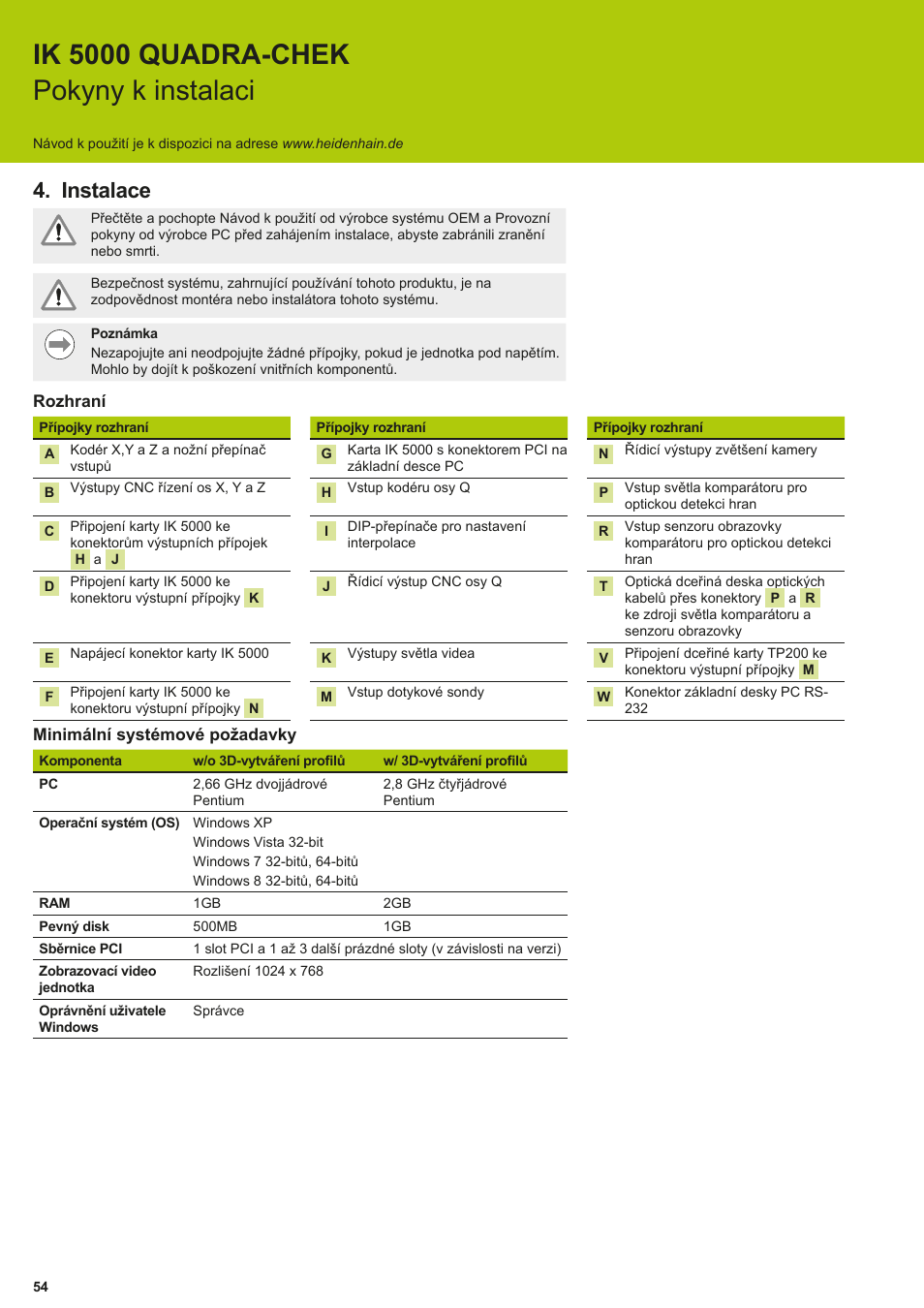 Instalace, Ik 5000 quadra-chek pokyny k instalaci | HEIDENHAIN IK 5294 Installation User Manual | Page 54 / 98