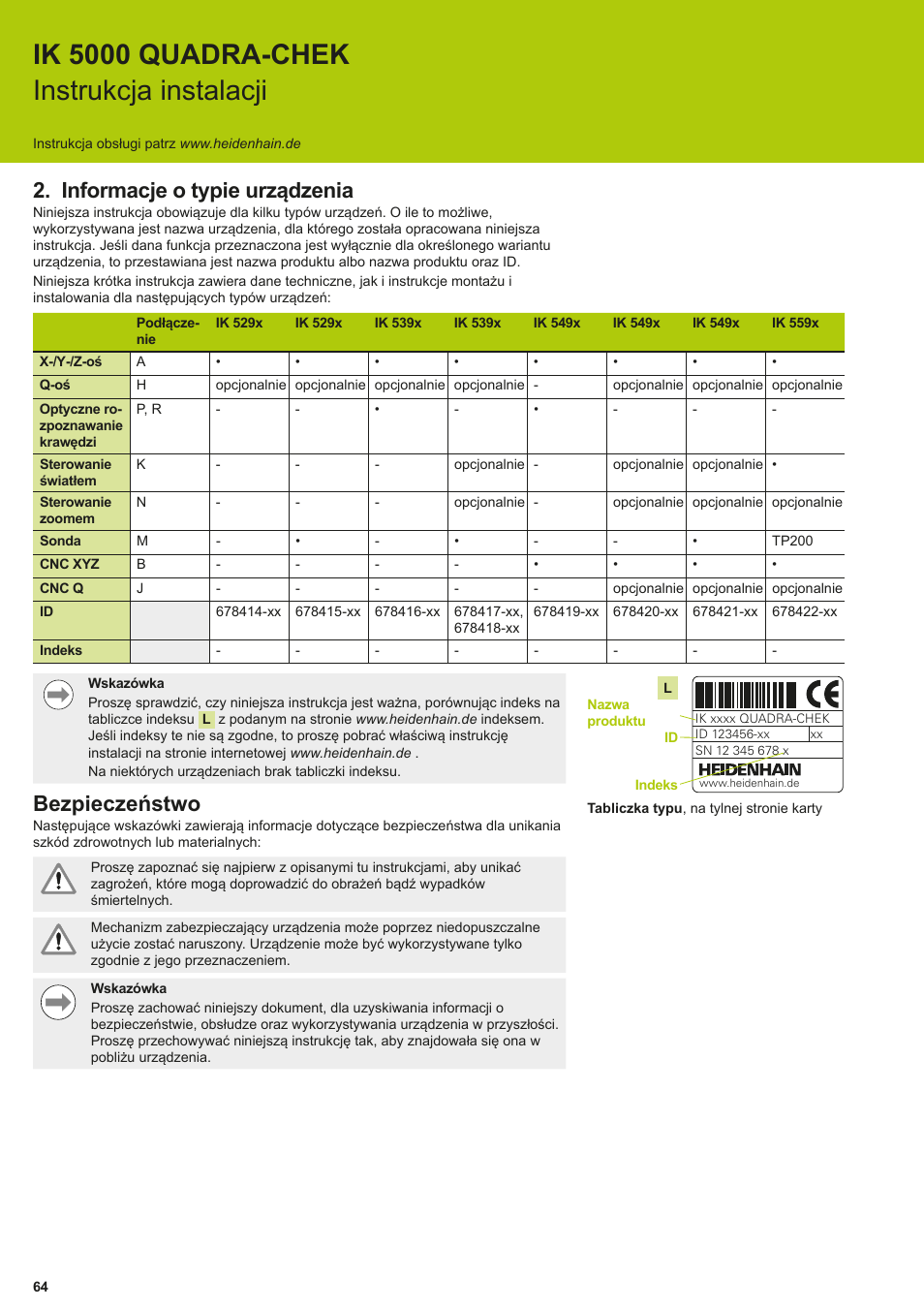 Informacje o typie urządzenia, Ik 5000 quadra-chek instrukcja instalacji, Bezpieczeństwo | HEIDENHAIN IK 5294 Installation User Manual | Page 64 / 98