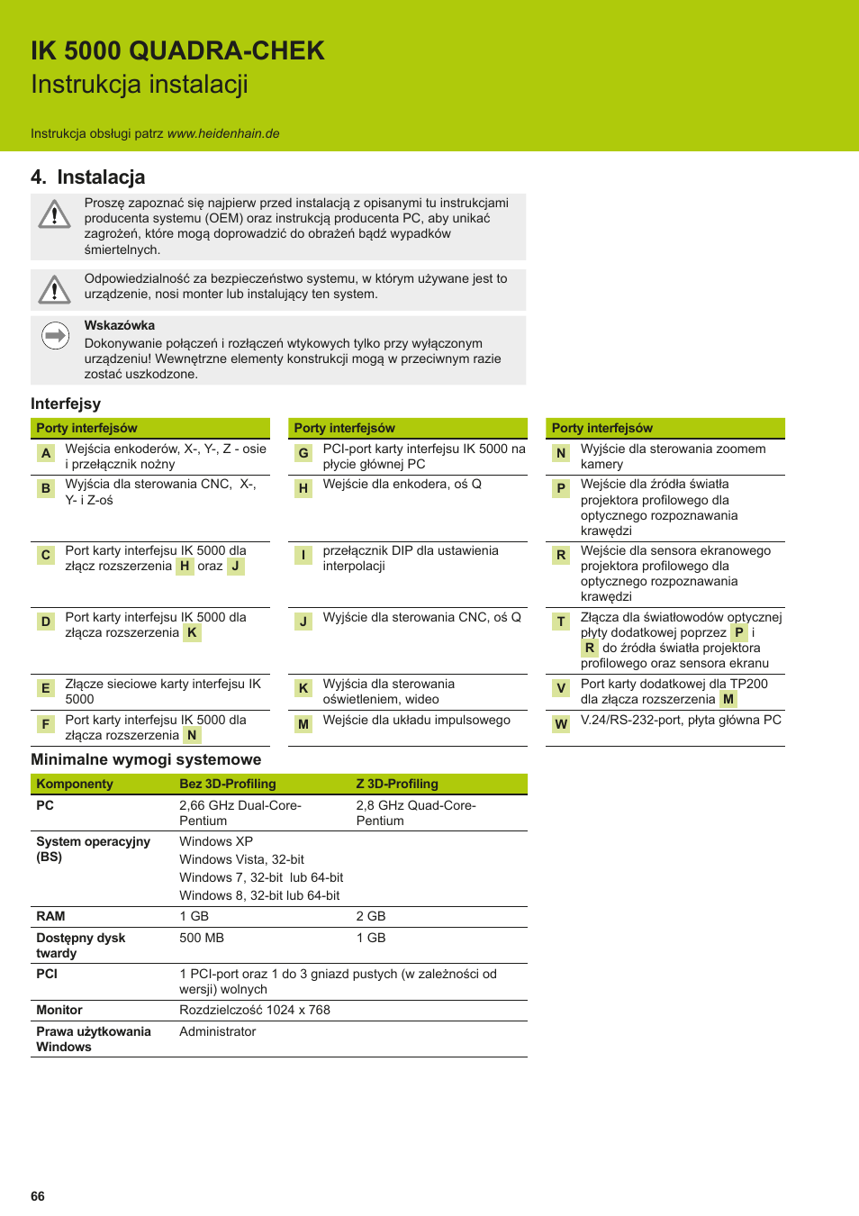 Instalacja, Ik 5000 quadra-chek instrukcja instalacji | HEIDENHAIN IK 5294 Installation User Manual | Page 66 / 98